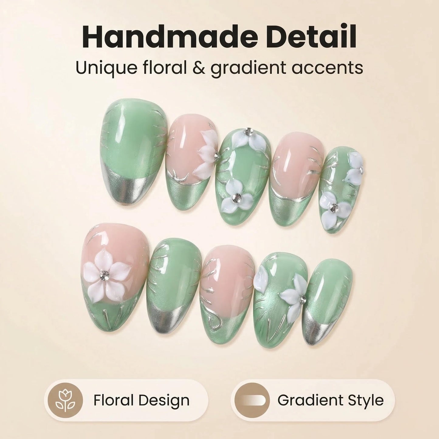 Handmade Press on Nails Almond Medium Fake Nails Green French Tip with 3D Flower Designs Cat's Eye luxury Glossy Cute Acrylic Nails for Women 10pcs (Size M）
