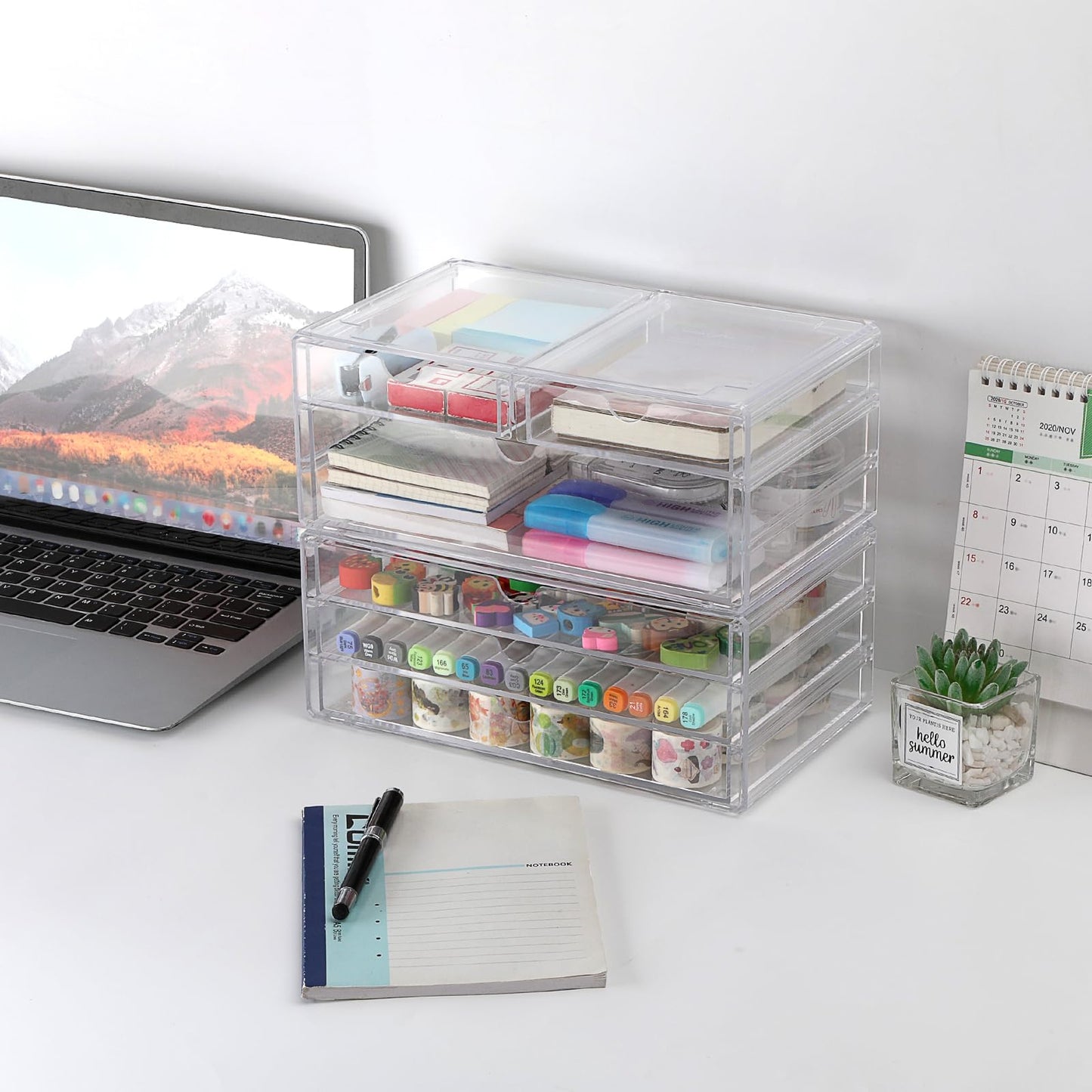 BTSKY Clear Acrylic Drawer Organizer, Stackable Container with 2 Narrow + 1 Large Drawers, Desk Organizer for Stationery Study Essentials Makeup Jewelry, Multipurpose Storage Box for Office and Home