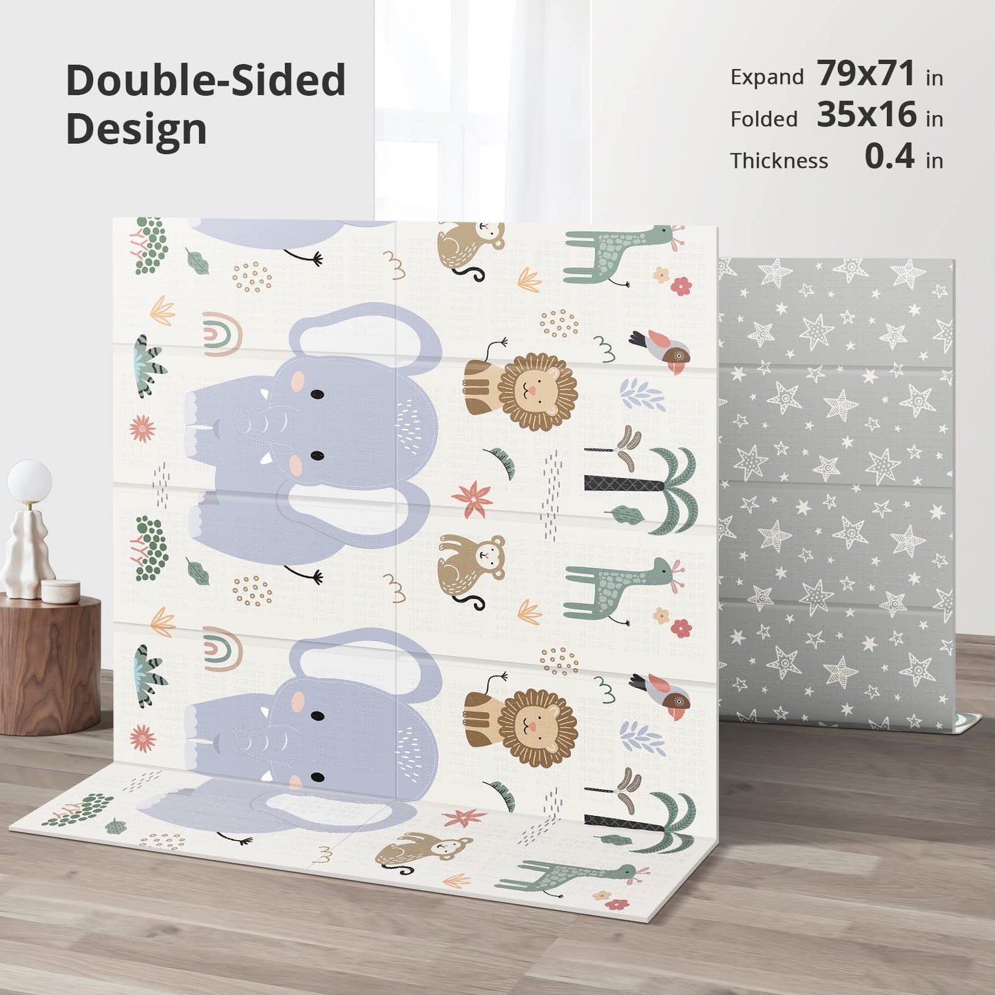 NOONKTY 79x71 Extra Large Baby Play Mat for Floor, Foldable Foam Playmat for Babies 0-12 Months & Kids, Non-Toxic Waterproof Baby Mat for Floor, Thick Playpen Mat for Tummy Time Crawling, Elephant+Mon