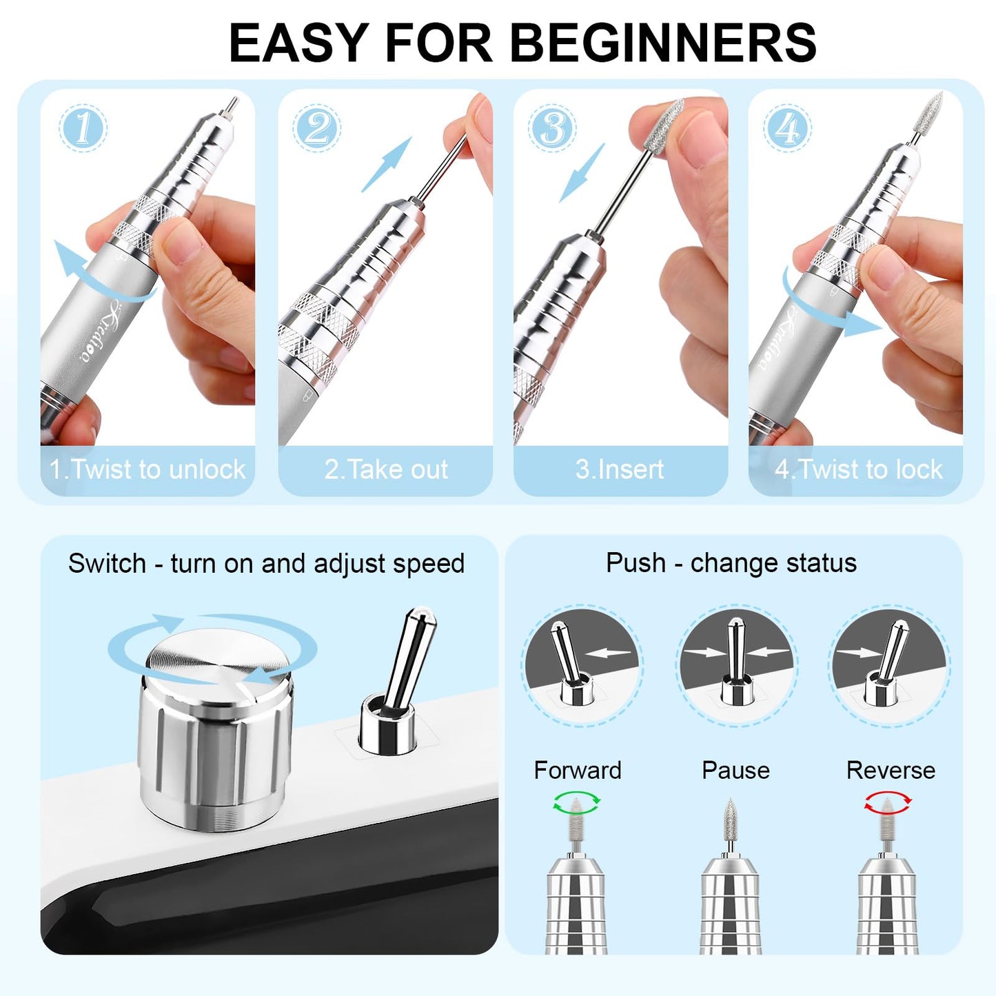 Kredioo Portable Nail Drill 35000 RPM, Rechargeable Electric Nail File E File Kit with Storage Bag Professional Manicure Kit for Nail Lovers Salon Home DIY -White