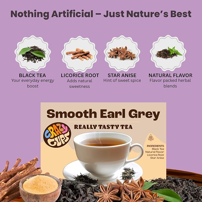 Crazy Cups Smooth Earl Grey Tea Pods, 22 Count | Kosher Certified Black Tea Blend with Licorice Root & Star Anise, K Cup Compatible, Bold Bergamot Flavor, Gluten Free, Vegan