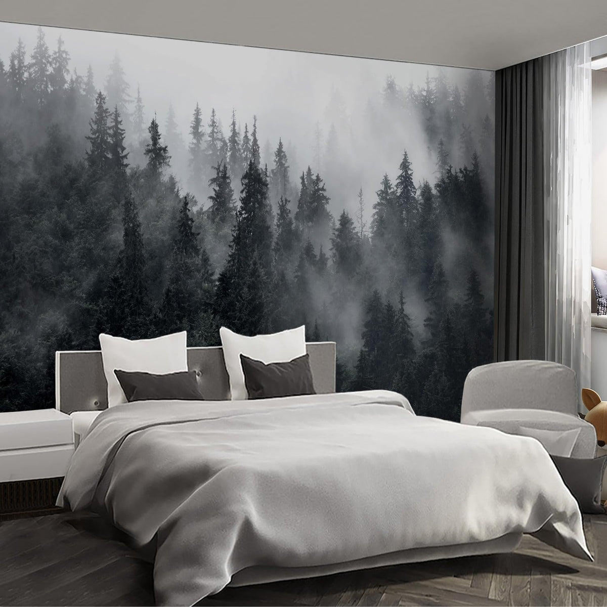 Misty Forest Landscape Wall murals Woodland Tree Peel and Stick Wallpaper for Bedroom Living Room - 85"x118"