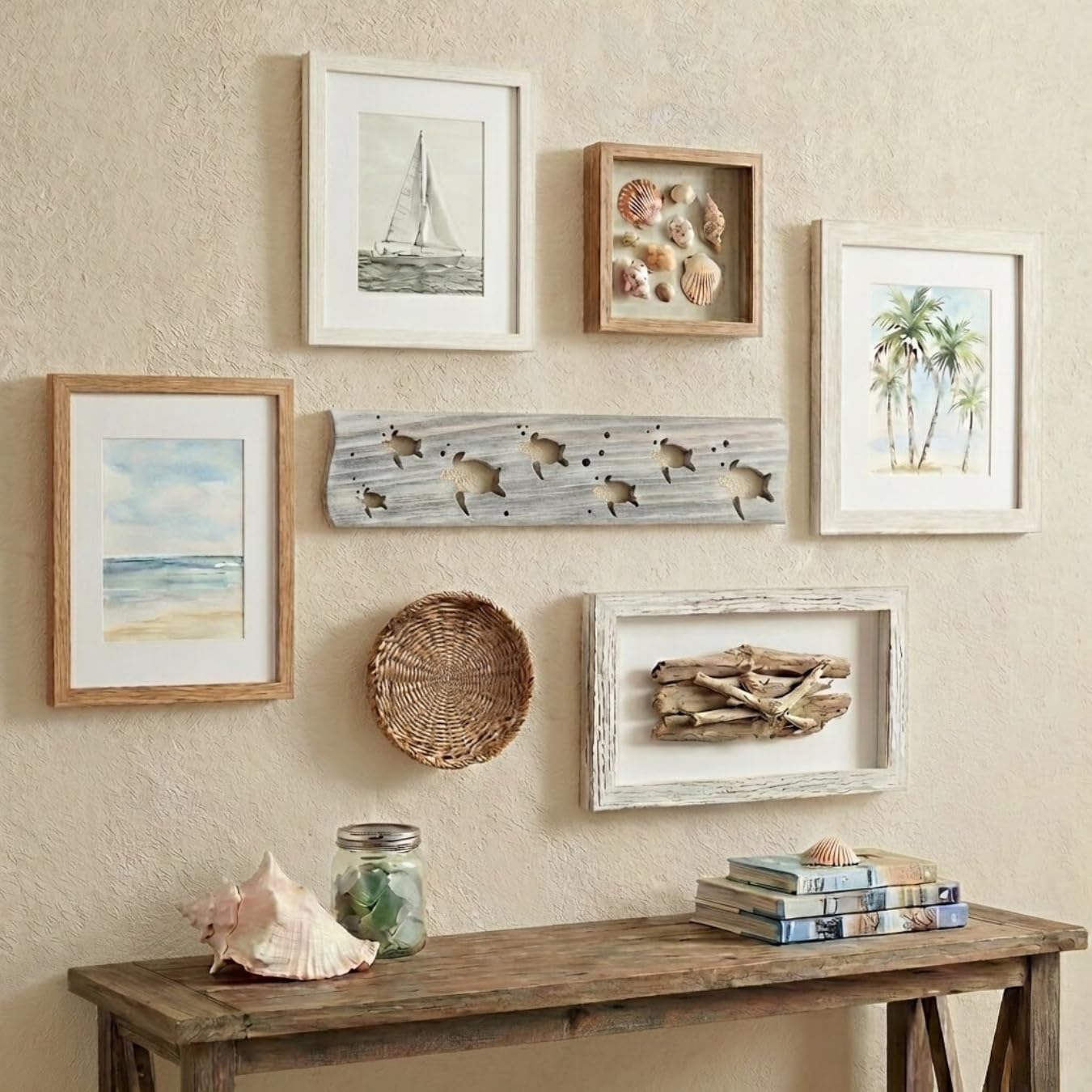 Driftwood Wall Art & DIY Key Holder – Handmade Coastal Home Decor – 17.5" Genuine Weathered Wood Plank with 5 Removable Hooks for Keys, Leashes, and Jewelry – Nautical Beach House Wall Hanging (Turtle March)