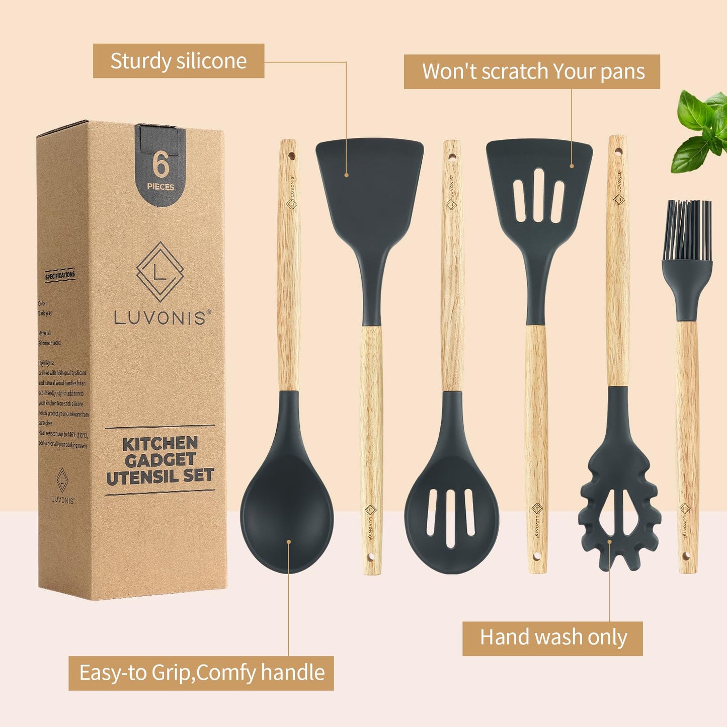 Kitchen Utensils Set 6 PCS, Non-Toxic Cooking Utensils with Heat-Resistant Silicone Spatula, Large Serving & Slotted Spoon, Flexible Spatulas, Brush and Spaghetti Rake - Ideal Starter Set