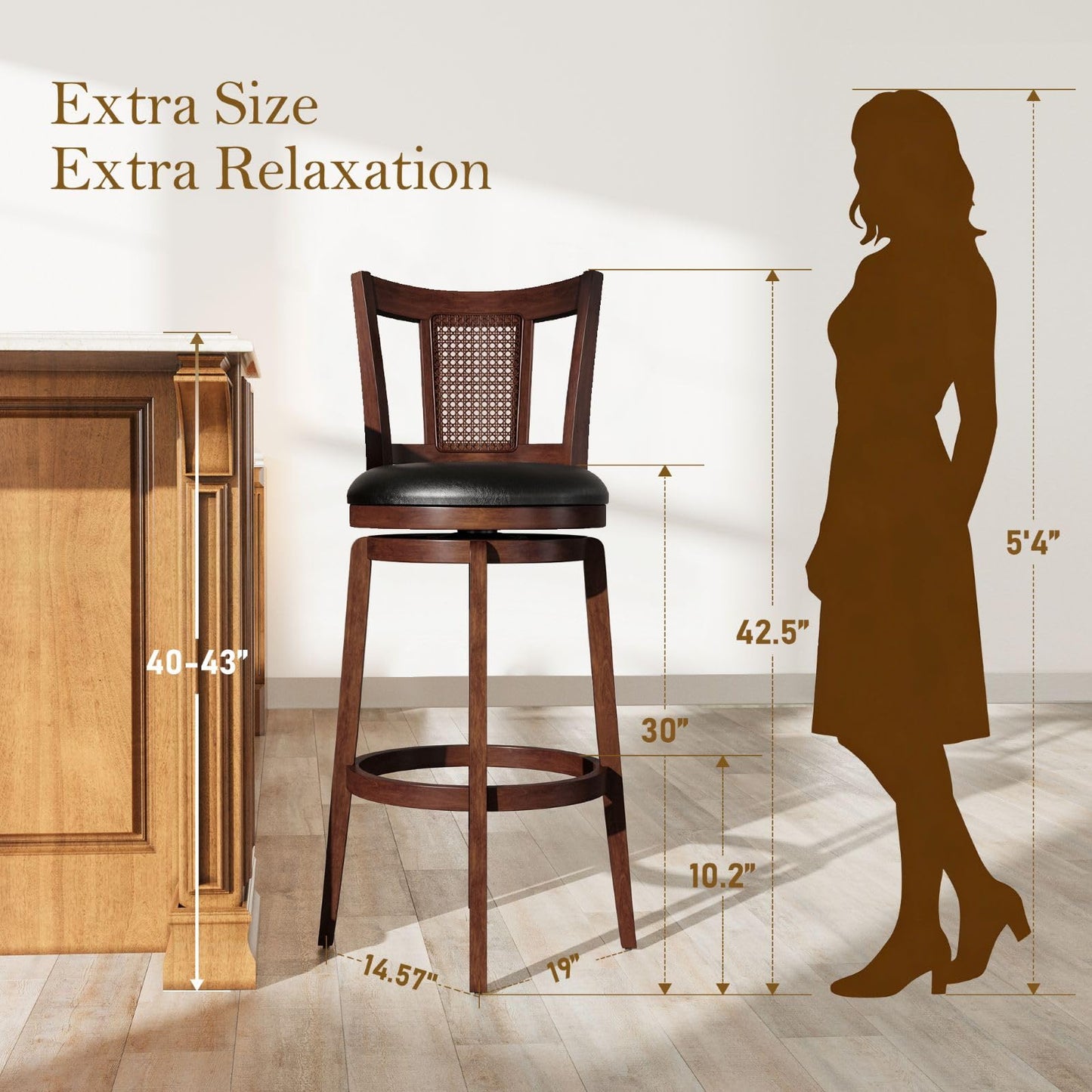 Sophia & William Swivel Bar Stools Set of 6, Bar Height Barstools with Backrest & Solid Wood Legs, Brown Faux Leather Kitchen Stools, 30 Inch