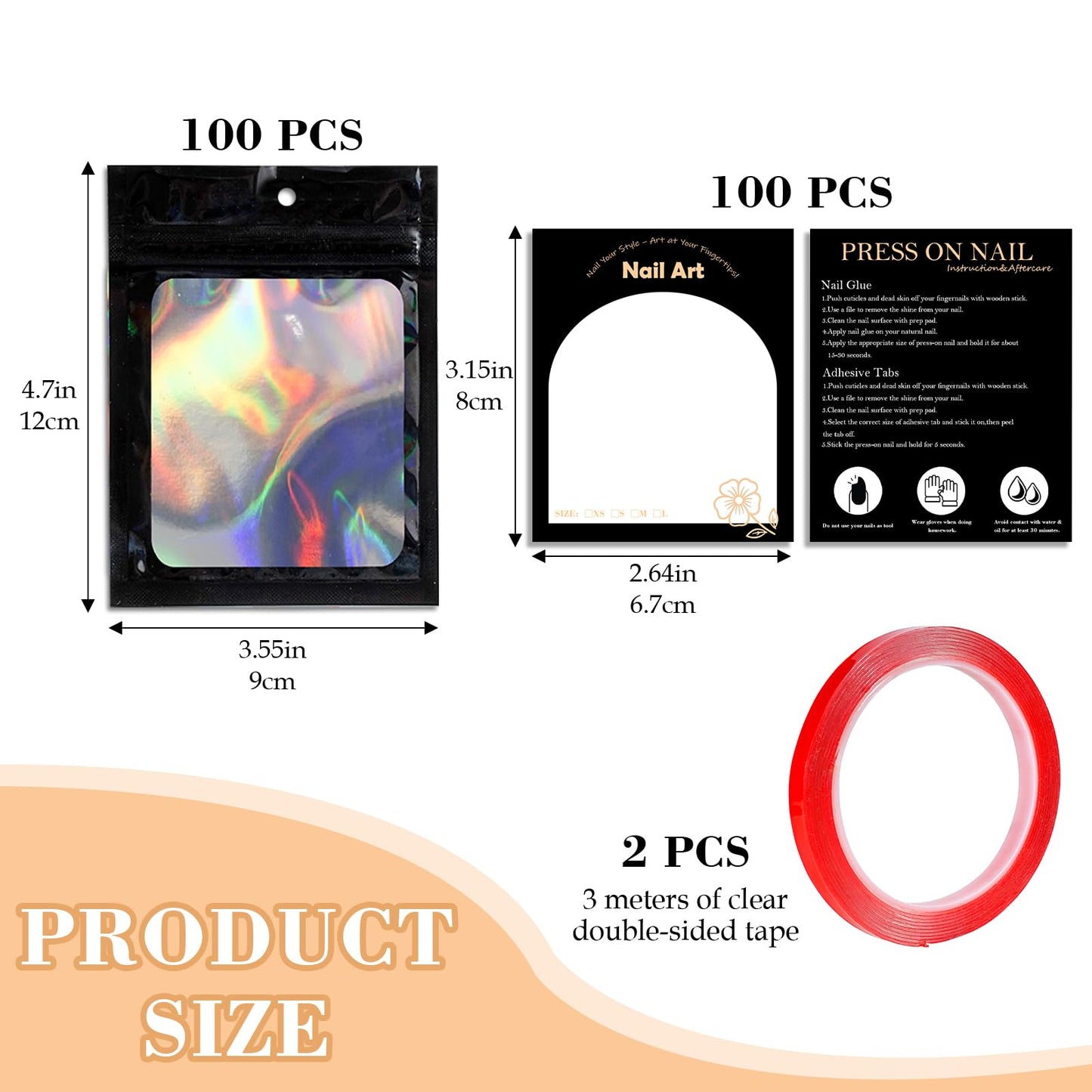 202pcs Press on Nail Packaging Bag, 100pcs Empty Holographic Nail Storage Bag and 100pcs Instruction&Display Black Cardboard with 2 Roll Transparent Tape for Nail Display Profession Salon (Black, 100)