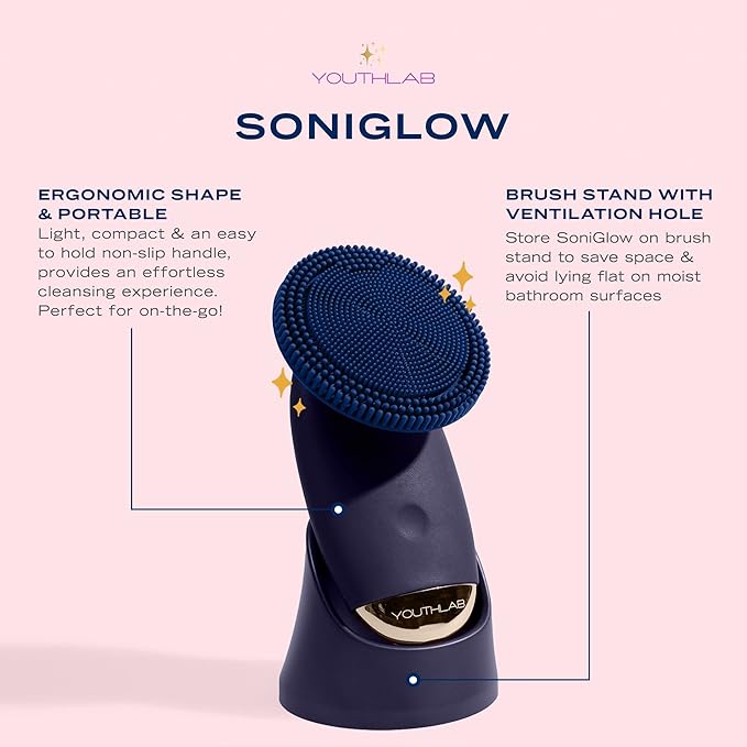 SoniGlow Silicone Facial Skin Cleansing Brush, Electric, Vibrating, Scrubber, Hygienic, Exfoliation, Massage, Firm, Tone, Blackheads, Pores, Waterproof, Rechargeable, Makeup Removal
