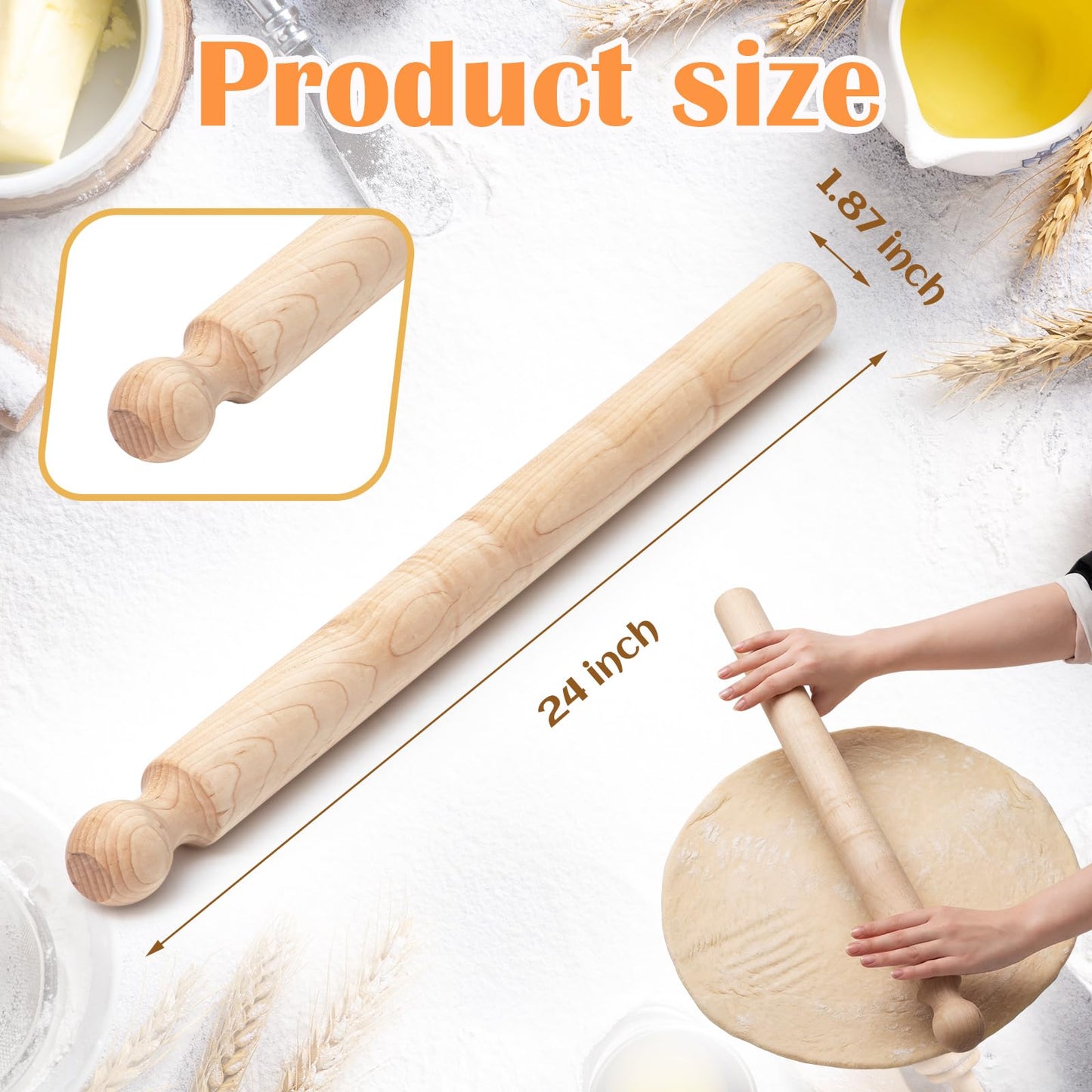 Geetery 24 Inch Long Pasta Rolling Pin 1.87 in Diameter Handmade Italian Tool Vintage Wood Rolling Pin for Home Kitchen Baking Birthday Gift for Mom