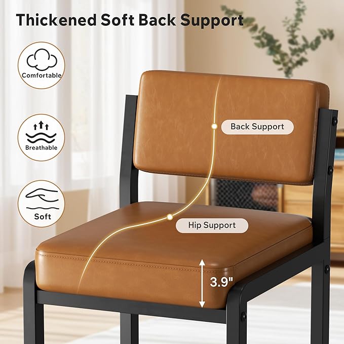 Bar Stools Set of 6, Faux Leather Counter Height Bar Stools with High Back and Metal Legs, Upholstered Bar Chairs, 26" Modern Barstools for Kitchen Island, Caramel