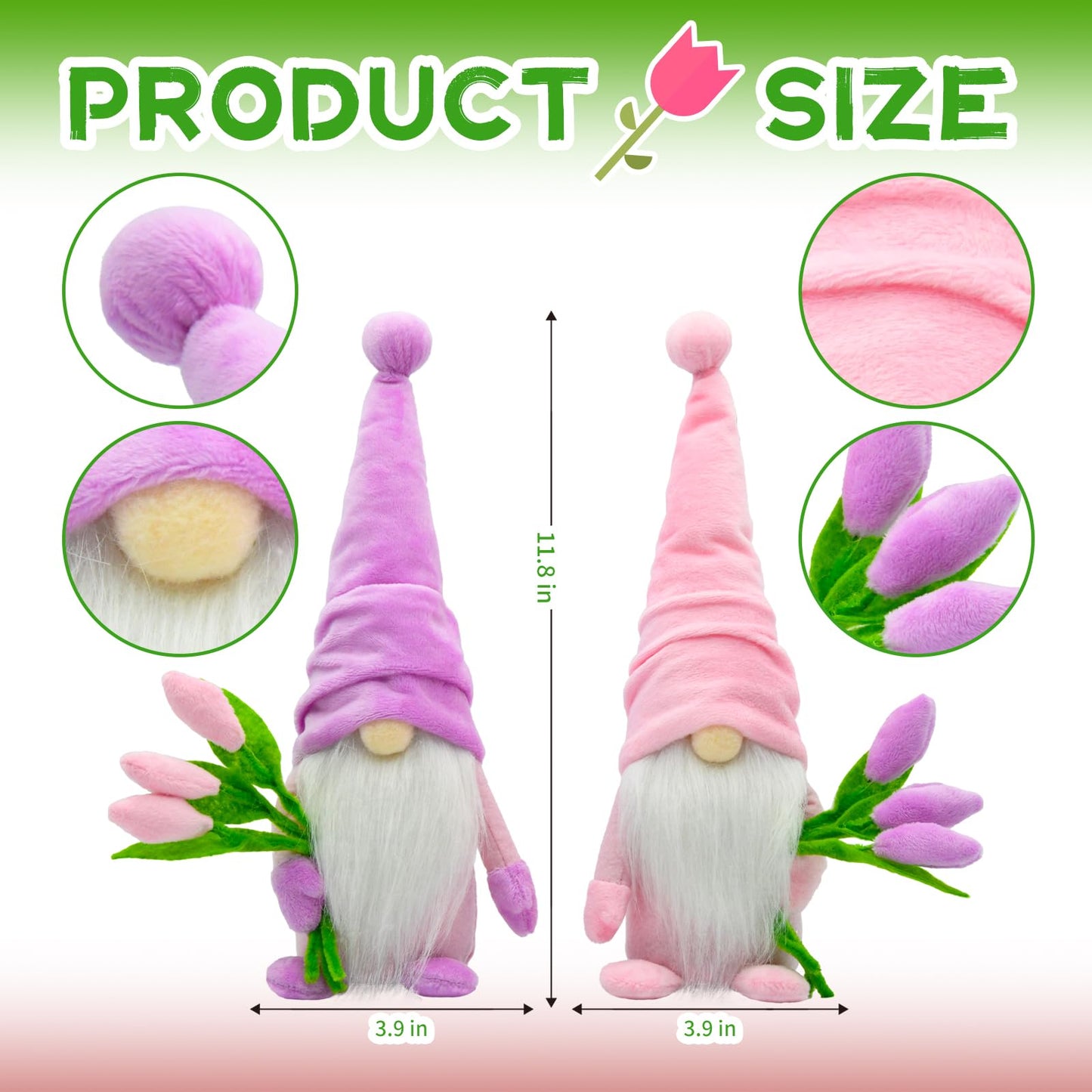 KnomeKo Tulip Gnome Spring Decor, 2Pcs Spring Home Decorations for Farmhouse Table Tiered Tray Decor, Gift Gnomes for Women, Mother