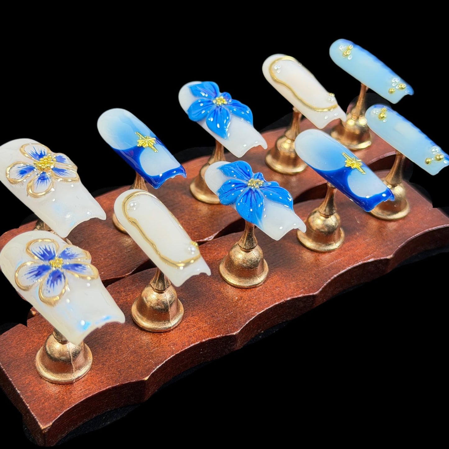 3D Handcrafted Press on Nails, Long/Medium Square Shape, Blue and White Floral, Gold Accent, Reusable Acrylic False Nails, Ocean Bloom (S)