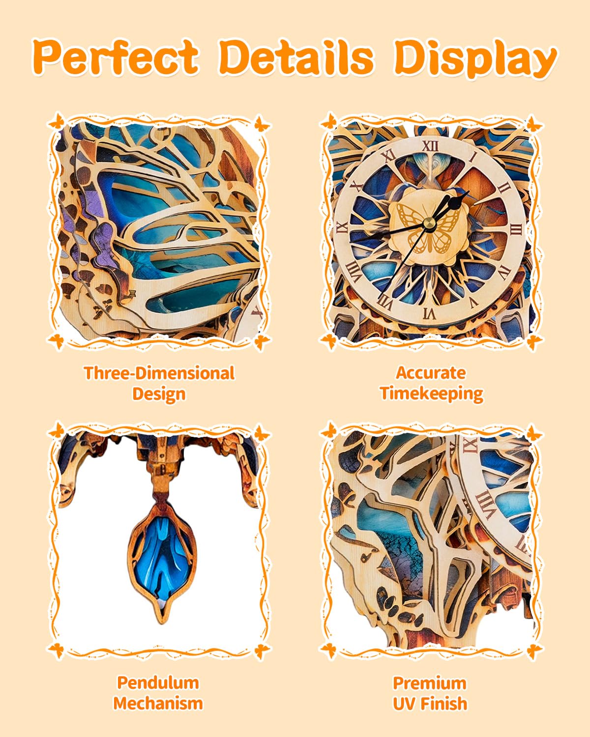 Rnfinewow 3D Puzzles for Adults, Butterfly Design Clock Kit with Pendulum, Beginner 3D Wooden Puzzles Model Kit DIY Crafts for Office Wall Decor Hobbies Birthday Christmas Idea Gift