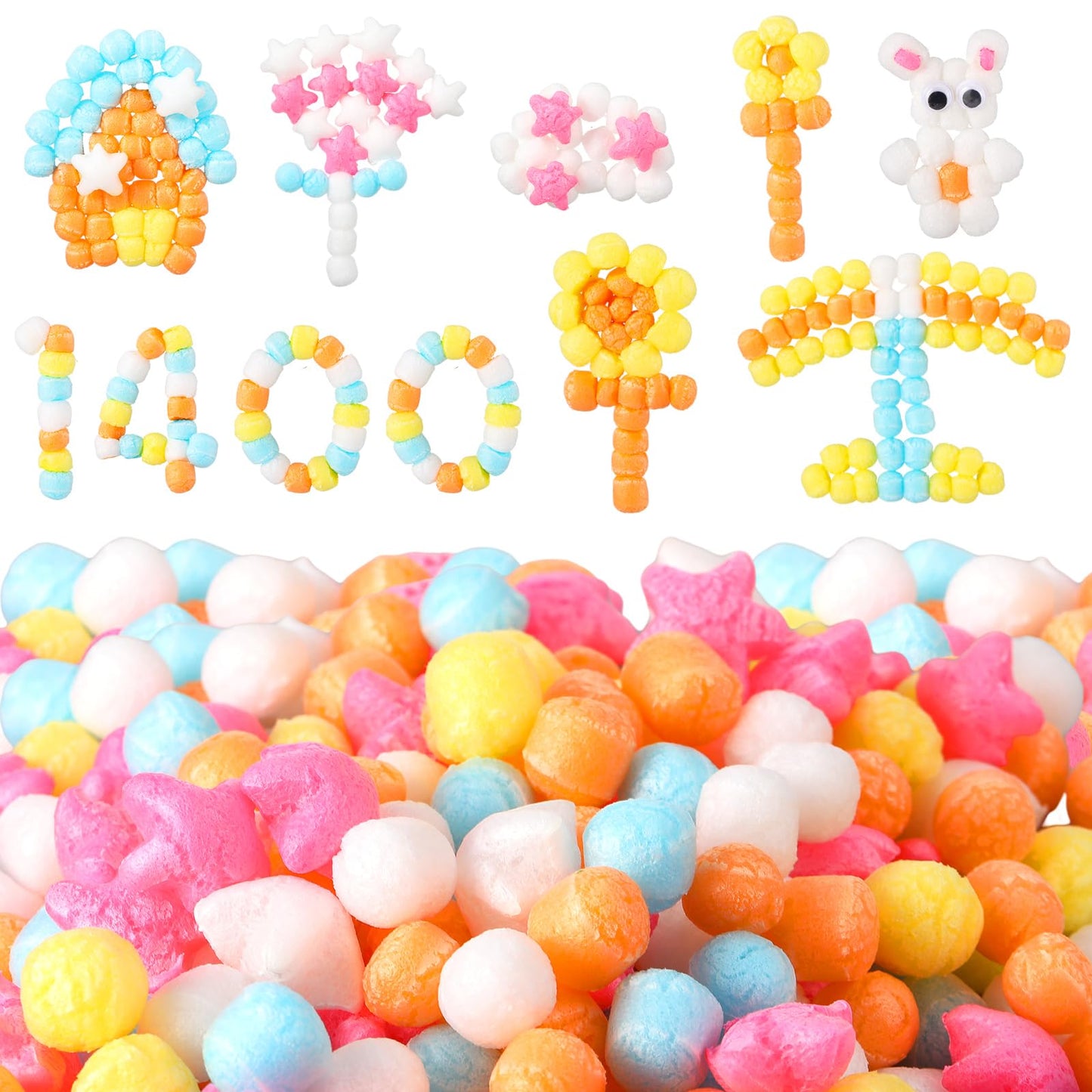 Junkin 1400 Pcs Magic Noodles Foam Crafts Puffs Corn Craft Arts Kit Bulk Stem Building Blocks Model for DIY Supplies