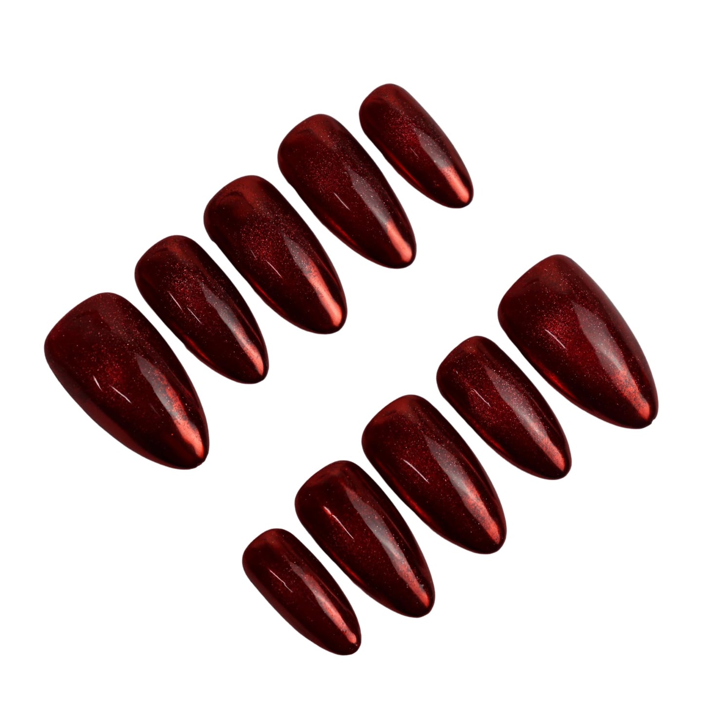 Handmade Medium Almond Magnetic Cat Eye Press-On Nails | Chrome Finish (Gold, Ruby Red or Silver) | Reusable Glossy Gel Look | Instant Manicure (Red Mirror Cat Eye, L Medium Almond)