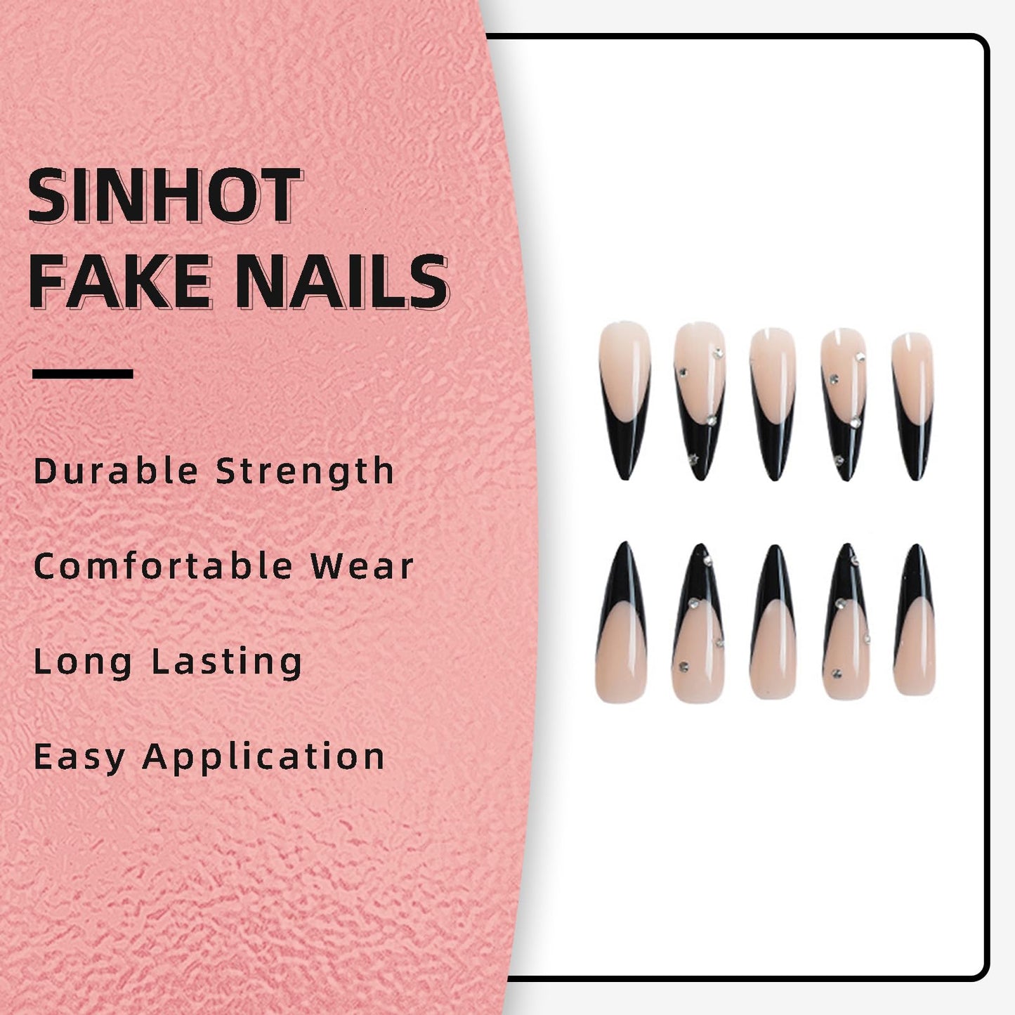 SINHOT Stiletto Press on Nails - Long Fake Nails, Glossy Finish, 3D Rhinestones & Black French Tip, DIY Artificial False Nail Art - 24 Pcs Nail Kit with Glue