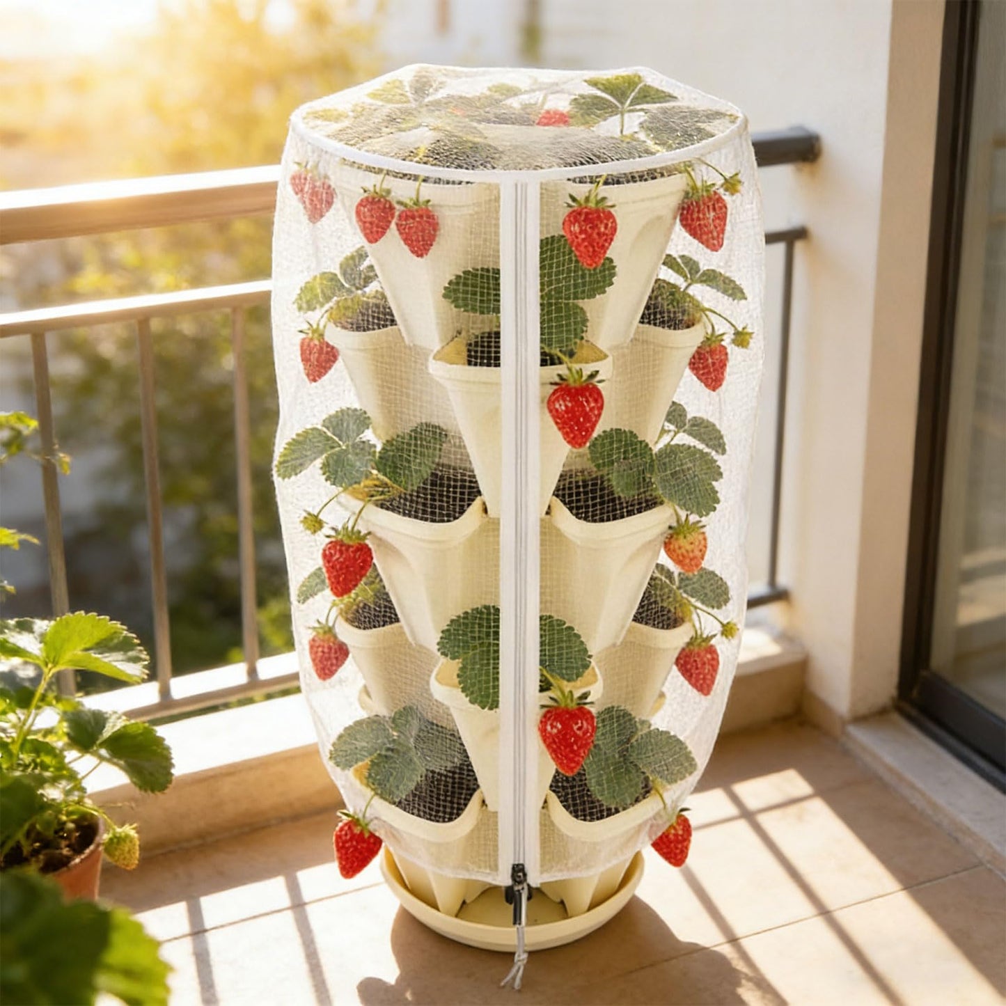 3Pack 41" x 20" Vertical Strawberry Pot Netting, Plant Pot Insect Netting with Zipper & Drawstring, Bird Barrier Planter Pot Garden Net Round Cover for 5-Tier Stackable Strawberry Fruit Vegetable