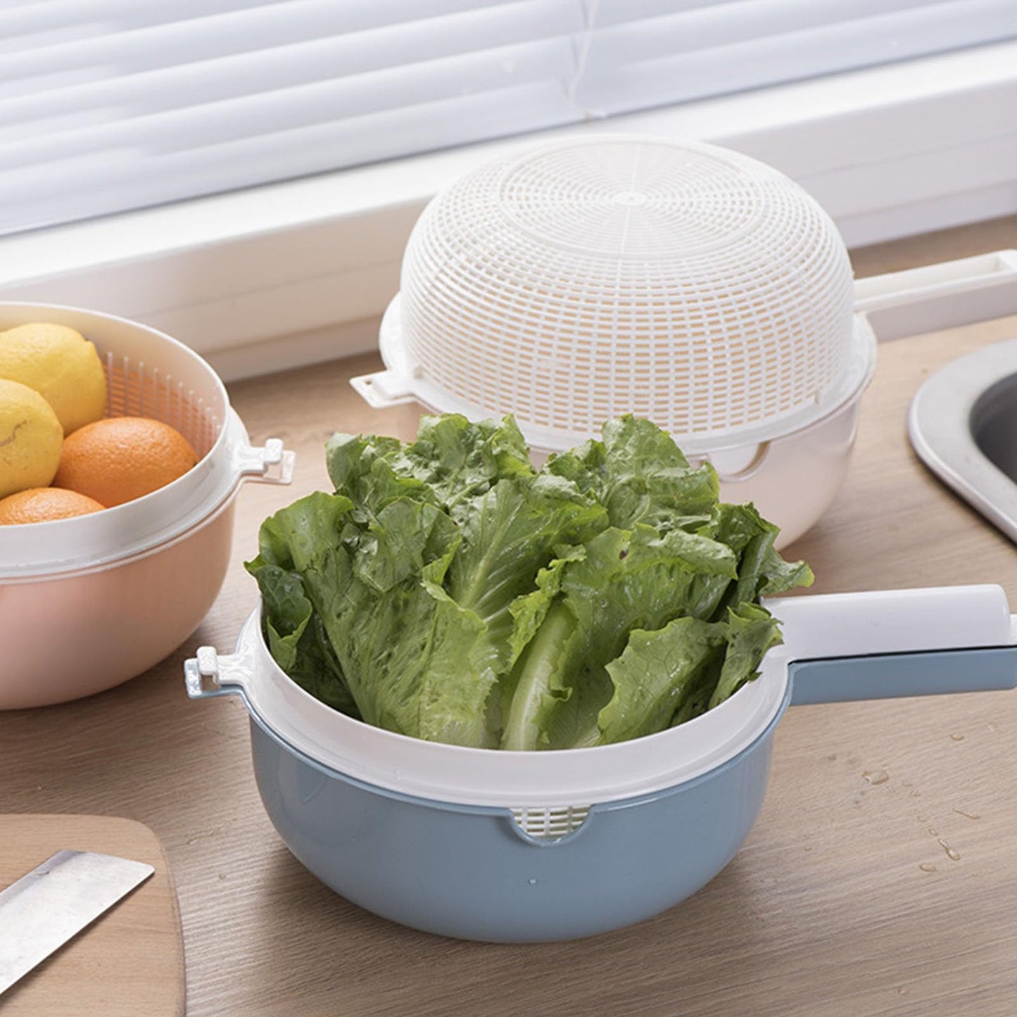 HUANIZI Double Layer Rice Wash Basket 2 in 1 Kitchen Strainer Bowl Drain Basket with Handle Fruit Vegetable Colander for Washing Mixing Kitchen Strainer Bowl Set, Beige