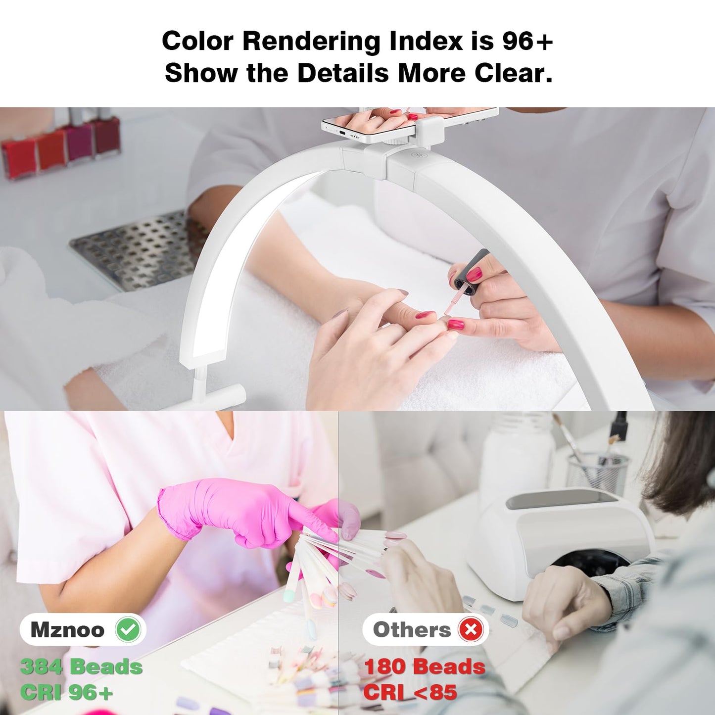 Mznoo Half Moon Light for Nail Desk, 30'' Large Half Moon Desk Lamp with Phone Holder, Professional Nail Tech Light with 3 Color Modes and 5 Brightness for Manicure Salon and Handicraft (White)