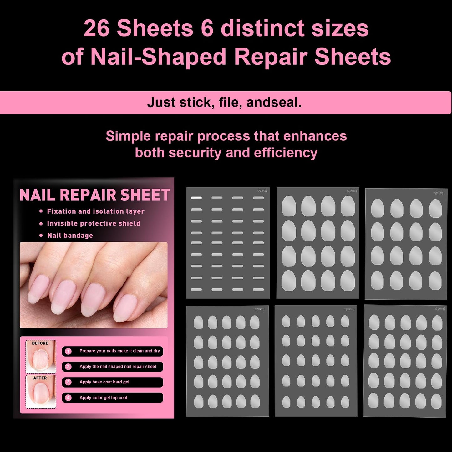 Nail Repair Patches for Damaged Nails - 6 Sizes Clear Nail Shaped Repair Sheets, Fixation & Isolation Layer, Protective Layer for Acrylic, Invisible Instant and Easy to Use 26 Pcs (590 units)
