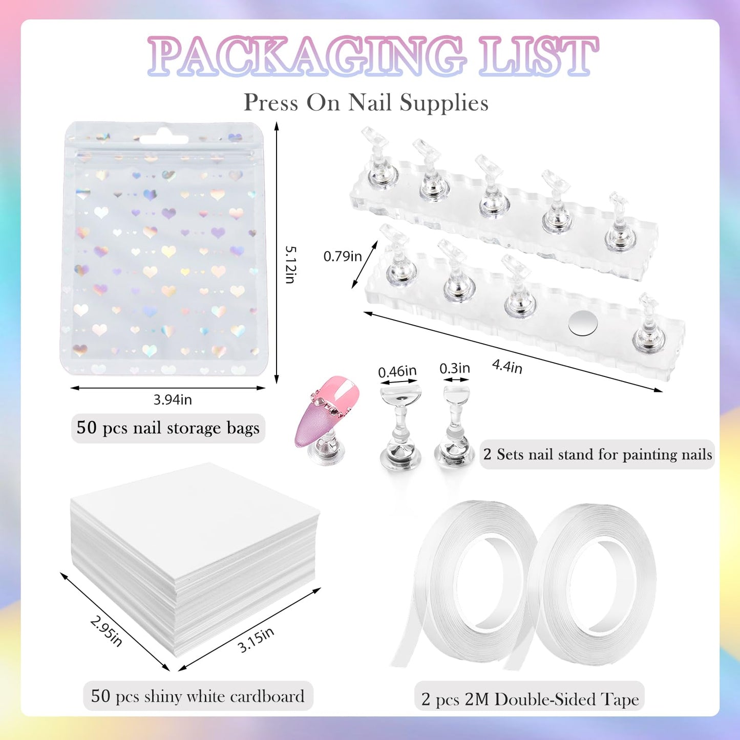 ESUOHYM 50 PCS Nails Packaging Bags with Nail Stand for Fake Nail, Holographic Press On Nail Storage Container Nail Art Kit for Diy Design,Nail Cardboards with 2 Double-sided Tape Salon Home White