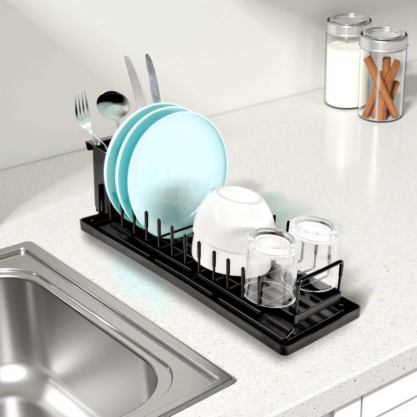 kowiofame Cup Drying Rack Dish Drying Water Bottle Dryer Rack Long Kitchen Sink Counter Drainer Over Tray Plate Forks Glass Cups Spoons Organizer