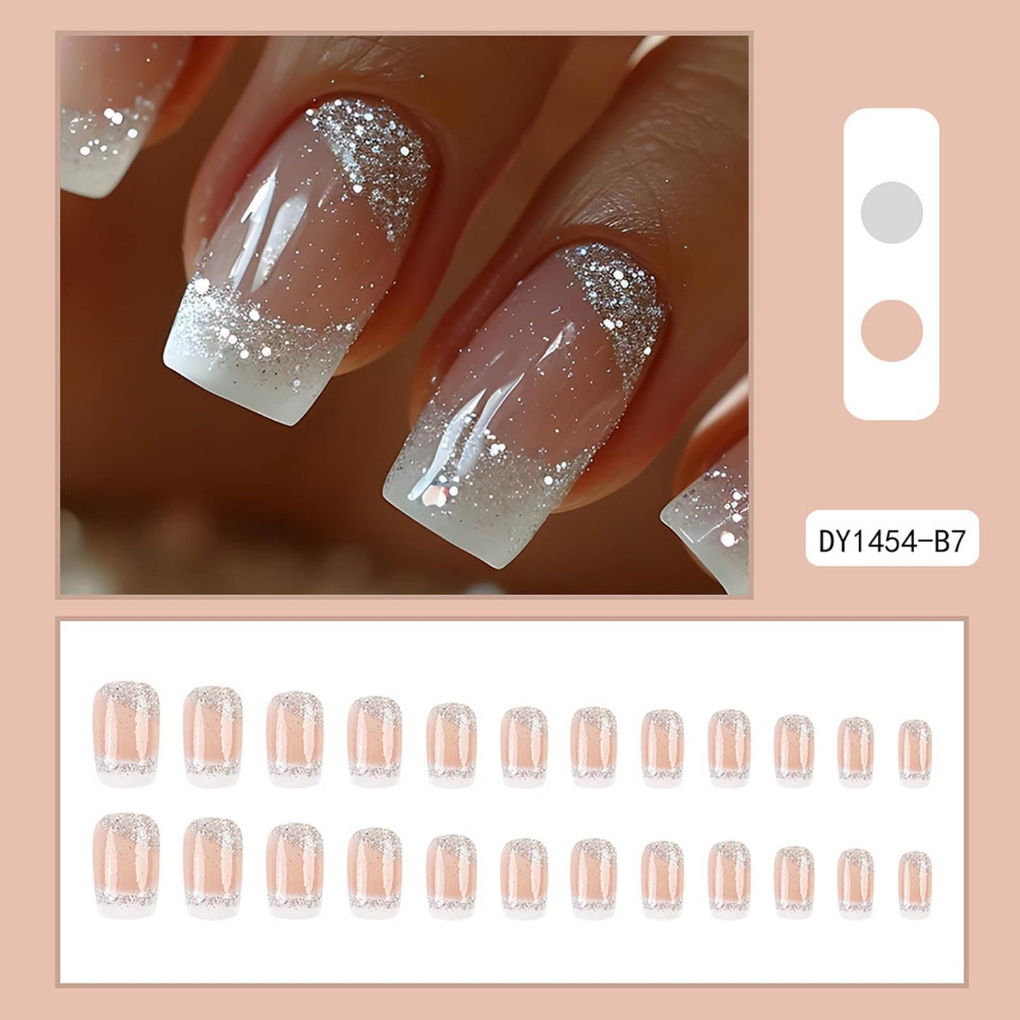Square Press on Nails White French Tip Nails Press ons Medium Fake Nails with Silver Glitter Designs False Nails Ombre Glossy Artificial Nail Acrylic Glue on Nail for Women Girls 24Pcs