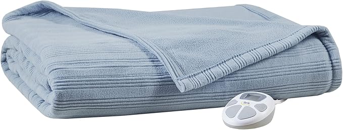 Serta Travis Fleece Ultra Soft Tri-Rib Textured Electric Blanket, Cozy and Snuggly Cover Fast Heating for Cold Weather, Auto Shut Off, Multi Heat Setting Controller, Twin, Dusty Blue