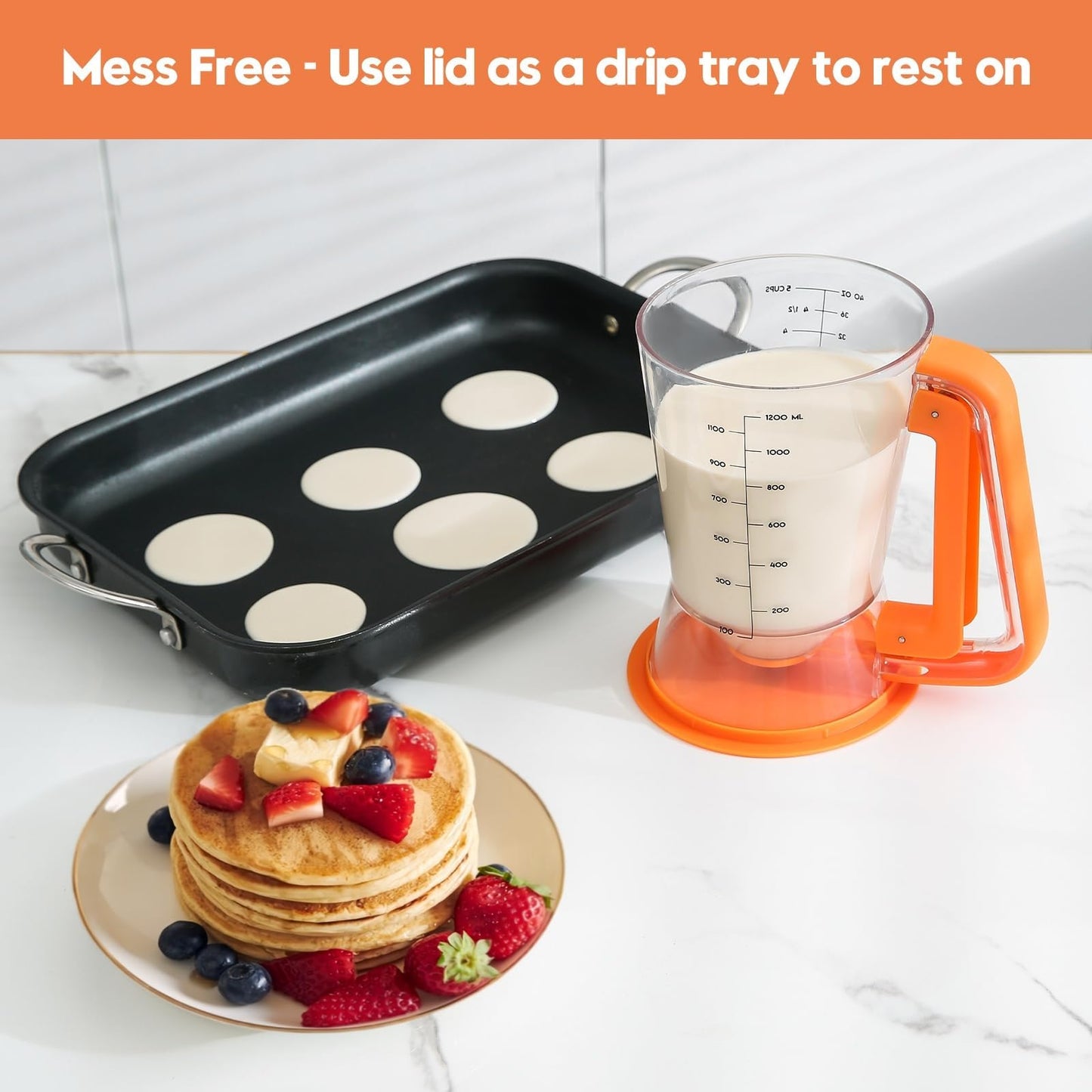 GAGAQI Pancake Batter Dispenser 5 Cup with Sturdy Handle,Batter Separator for Pancakes, Cupcake, Waffle, Muffin Mix, Cake & Crepe Batter pitcher with Squeeze Handle Baking Tools-Orange