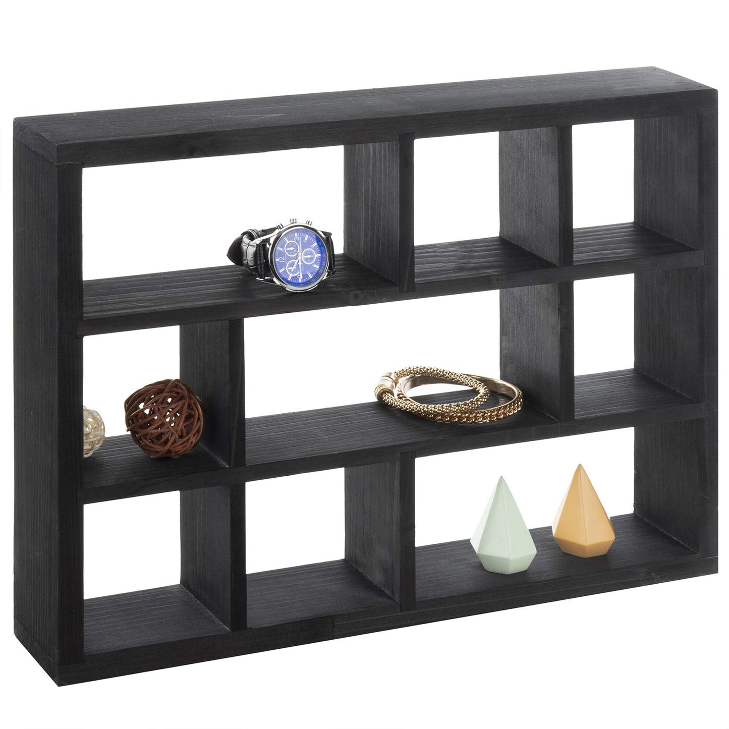 MyGift 9 Compartment Vintage Solid Wood Shadow Box, Wall Mountable Curio Display Case, Freestanding or Floating Shelf for Collectible Figurines, Succulents (Matte Black)