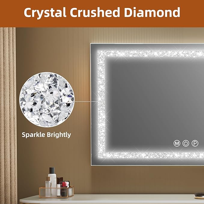 Fenair Vanity Mirror with Crushed Diamond Lights Strip 31.5" x 22.8" Lighted Hollywood Makeup Mirror with Tempered Glass, USB Charging Port, 3 Colors Modes, Dimmable Light and 10X Magnification Mirror