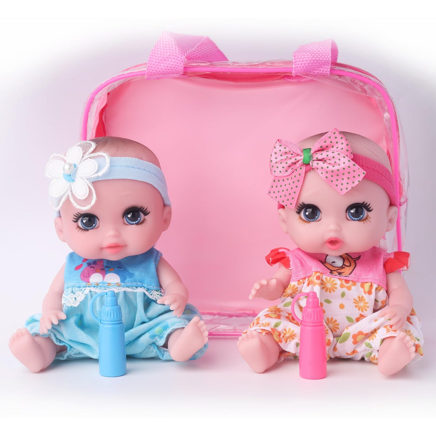 Beem Jun 6 Inch Small Baby Doll Handbag Bag Set with Little Bottle，All Vinyl Reborn Baby Dolls Nursing Set for Kids.Easter Baby Doll Kit (Pink & Blue)
