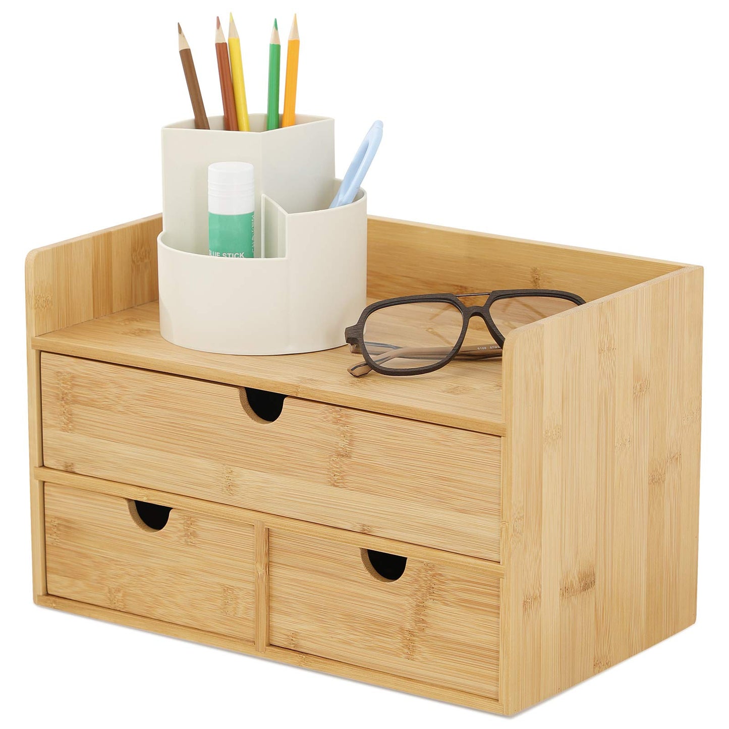 Desk Organizer with Drawers - Bamboo Desktop Organizers Storage | Wood Makeup Organizer for Bills, Office Supplies, Cosmetics, Seals, Kitchen Utensils, No Assembly Required