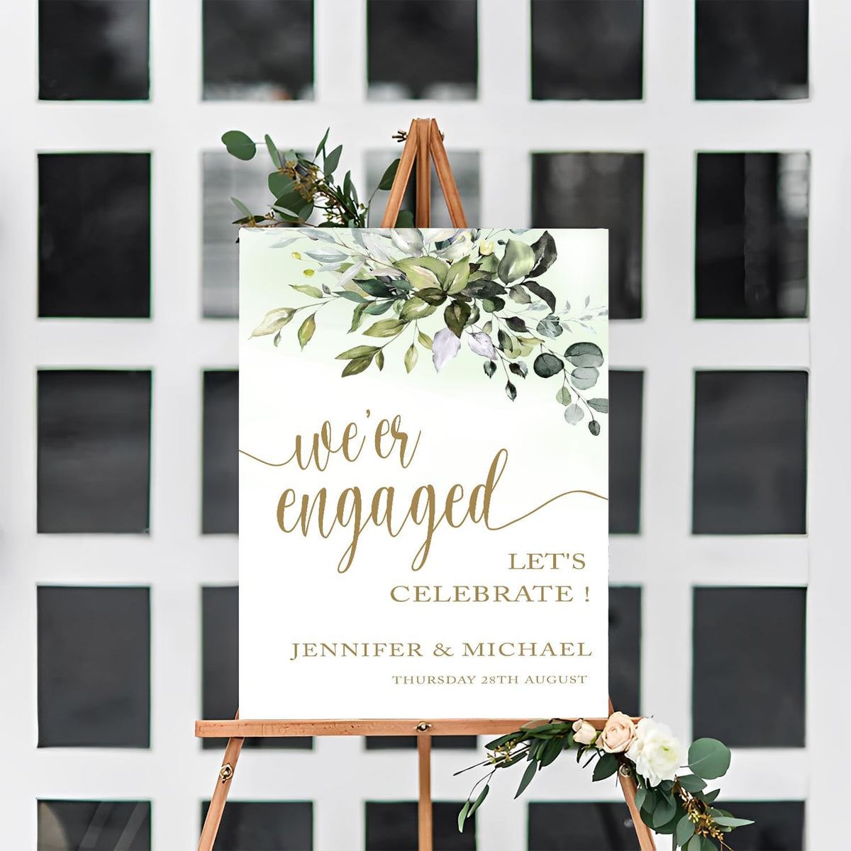 Greenery Gold Engagement Party Sign - Welcome Template, Rustic Decor