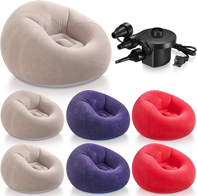 Realspring 6 Pcs Bean Bag Chairs for Adults Inflatable Chairs with Electric Air Pump,Blow up Couch Folding Portable Inflatable Couch Lazy Sofa for Reading Living Room Camping (Coffee,Blue,Red)