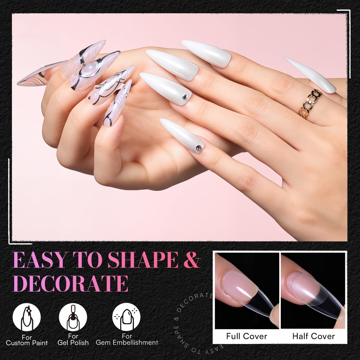Makartt Medium Sharp Almond Nail Tips: Hybrid Almondetto Shape, 15 Sizes Clear Full Cover Fake Nails Extension, 240PCS Half Matte Soft Gel Tips for DIY Nail Lovers, Press-on Creators, Salon Supplies