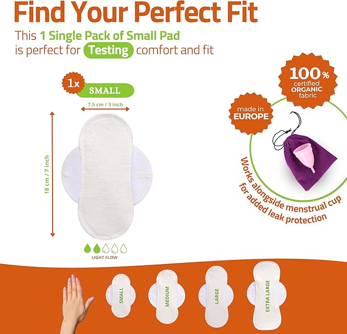 Organic Cotton Reusable Period Pad for Light Flow (S, Single); High-Temp Washable Cloth Pads for Women & Teens Made in EU; Non-Irritating, Soft Reusable Pad Menstrual for Comfortable Period Care
