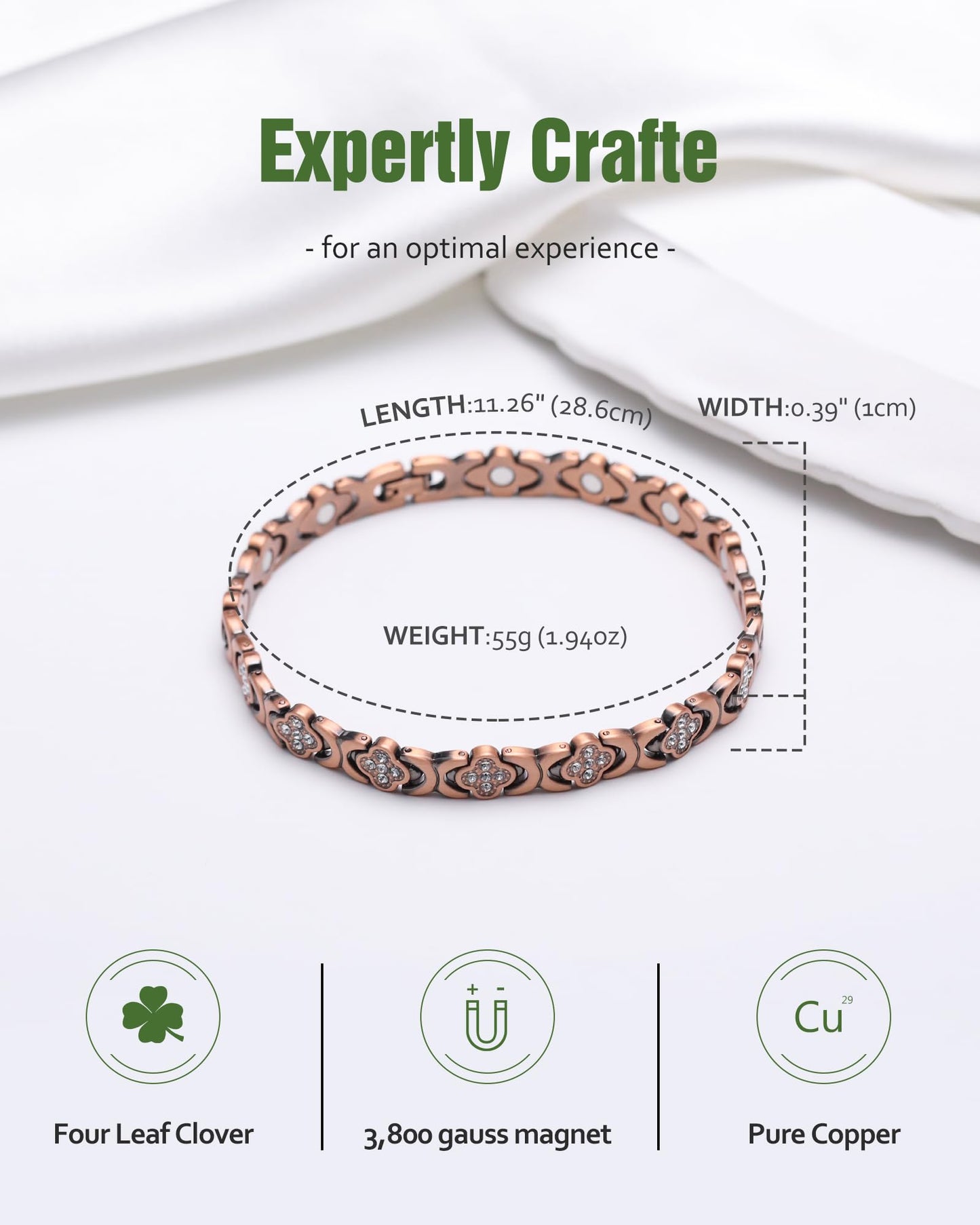 Jecanori Copper Ankle Bracelet for Women,3800 Gauss Ultra Strength Magnetic Anklet bracelet, Four-Leaf Clover Design with Crystals, Adjustable Fit,Ideal Gift for Her