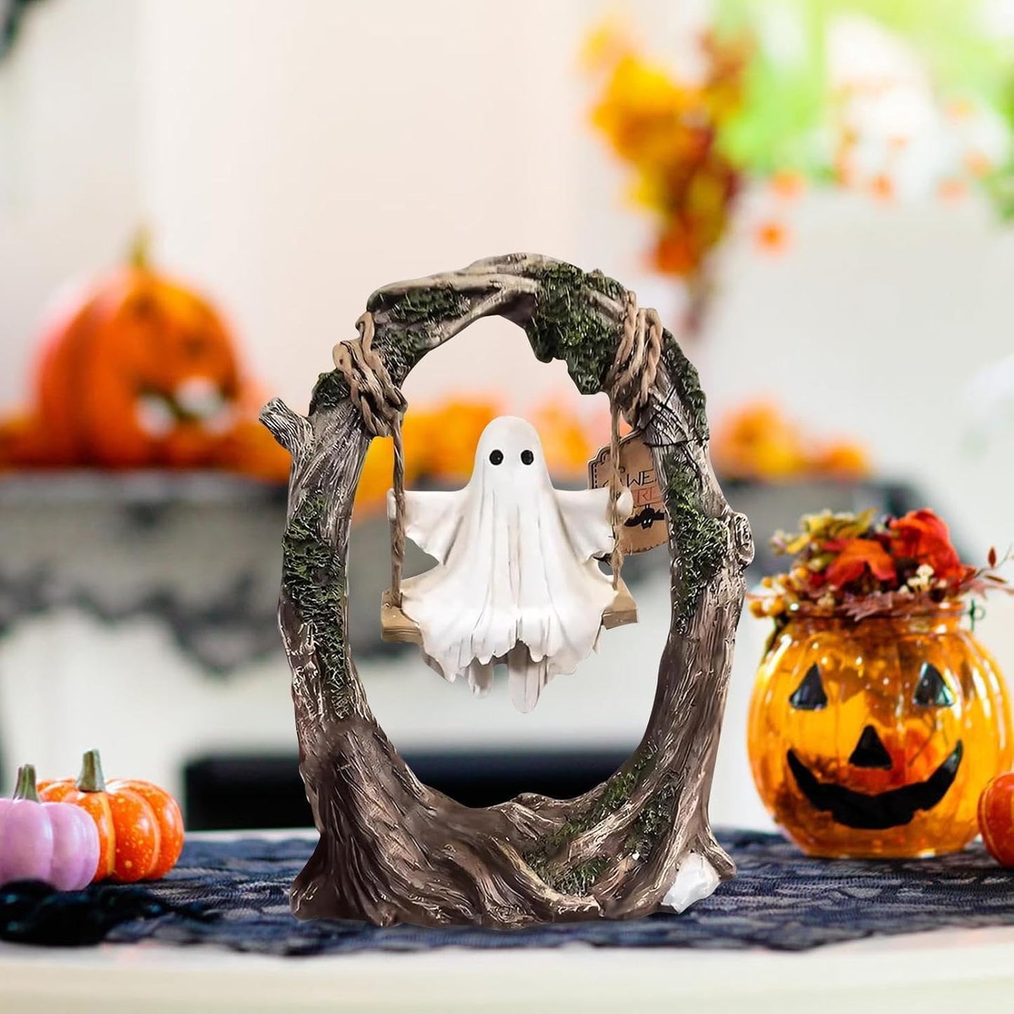 AZYM Ghost Halloween Decor,Ghost on a Tree Swing,Cute Funny Swinging Ghost Halloween Figurine Decoration,for Indoor Desktop Bookshelf Outdoor Garden Patio Lawn Decor