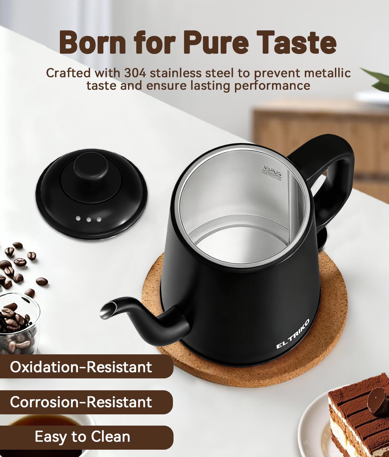 ELTRIKO Gooseneck Electric Kettle, 1L Water Boiler, Pour Over Coffee & Tea, 1000W Fast Heating, Stainless Steel, Auto Shut-Off & Boil-Dry Protection, BPA-Free (Black)