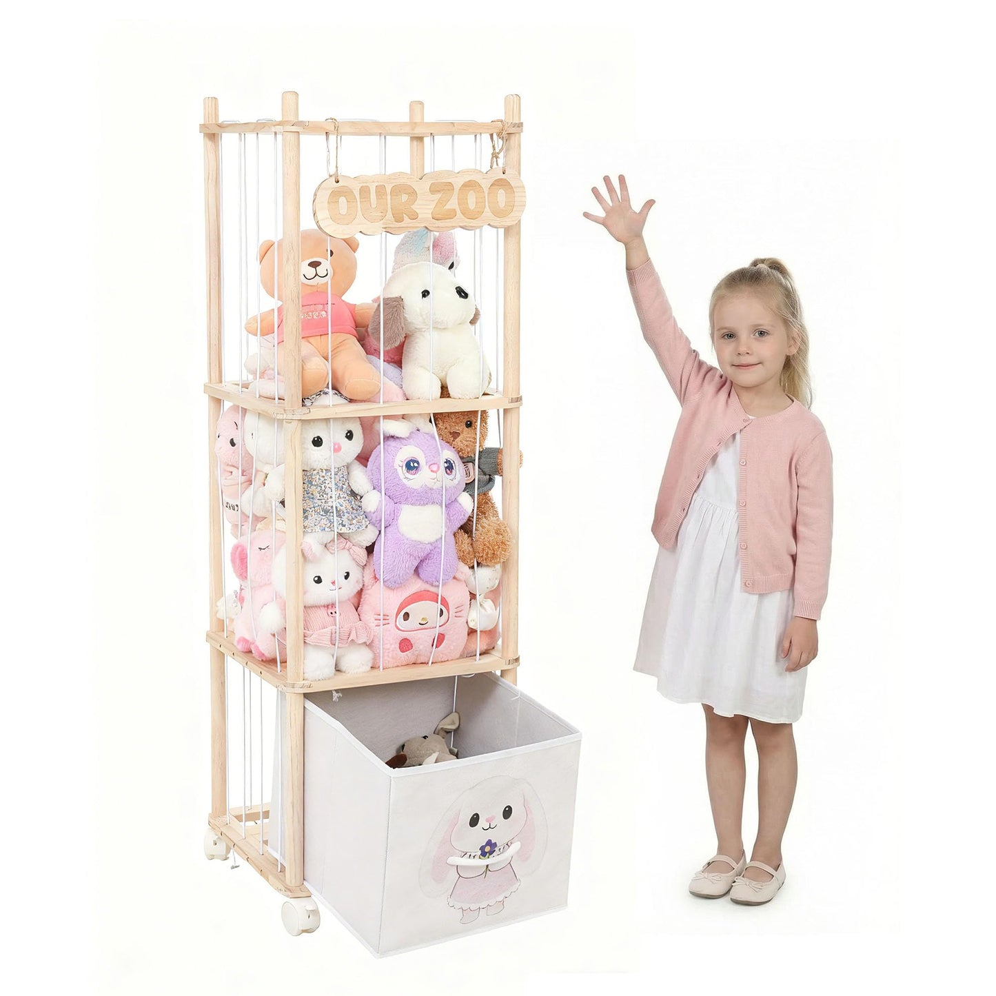 JoyPcsTable Stuffed Animal Storage with Removable Fabric Bins & Locking Wheels, 2-in-1 Wooden Toy Organizer and Display Shelf - Space-Saving for Playroom, Bedroom, Nursery