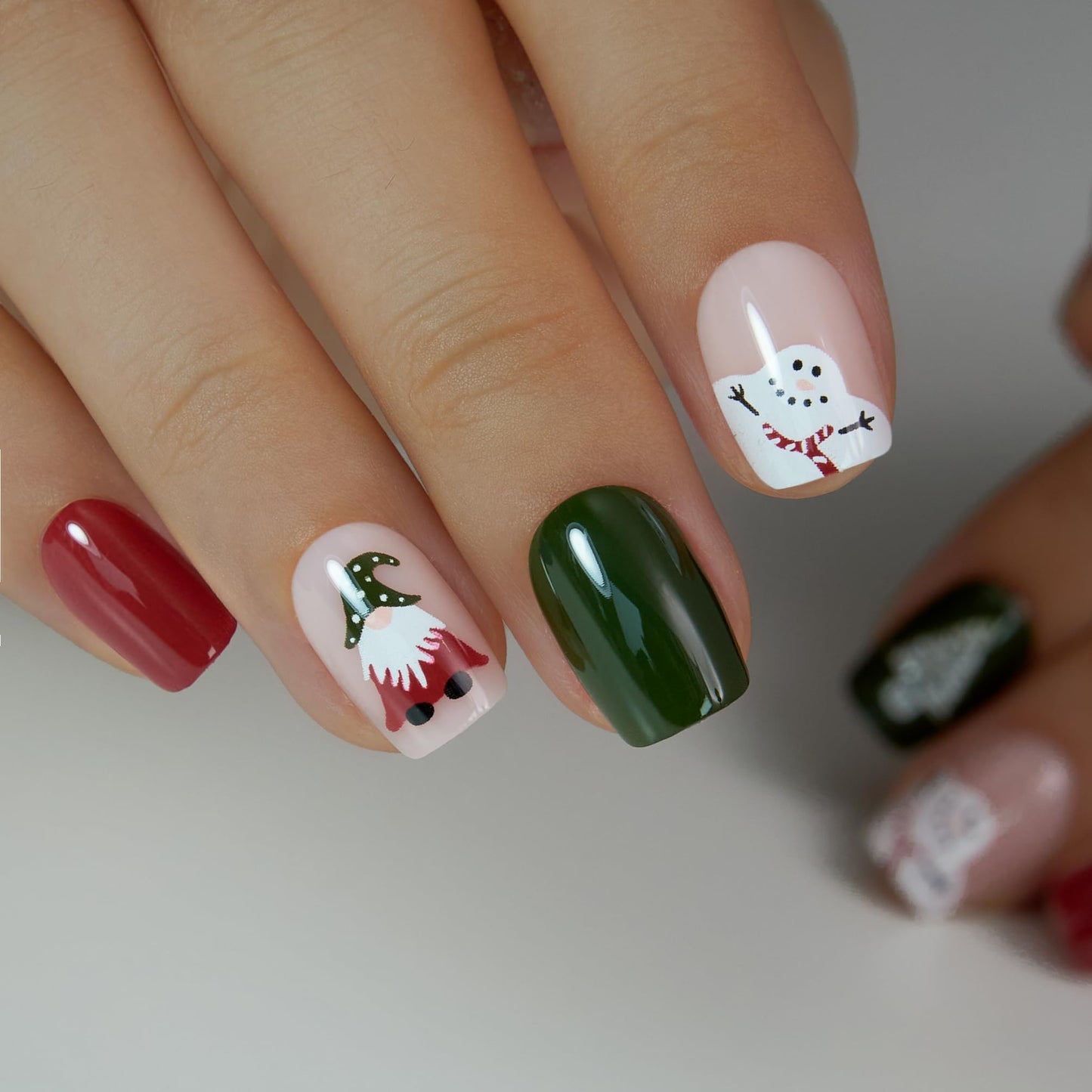 Curvlife Press on Nails Acrylic Short Square Fake Nails with Design Full Cover False Nails Reusable Nail Kit Artificial Glue on Nails (Christmas Collection, 30pcs)