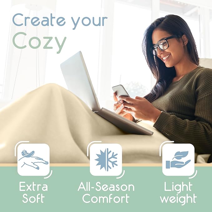 Full/Queen Size Microfleece Blanket | Fleece Bed Blanket | All-Season Comfort| Supersoft Lightweight Throw Blanket | Plush Throw Blanket for Bed Couch or Sofa | Travel Blanket | Pet-Friendly | Ivory