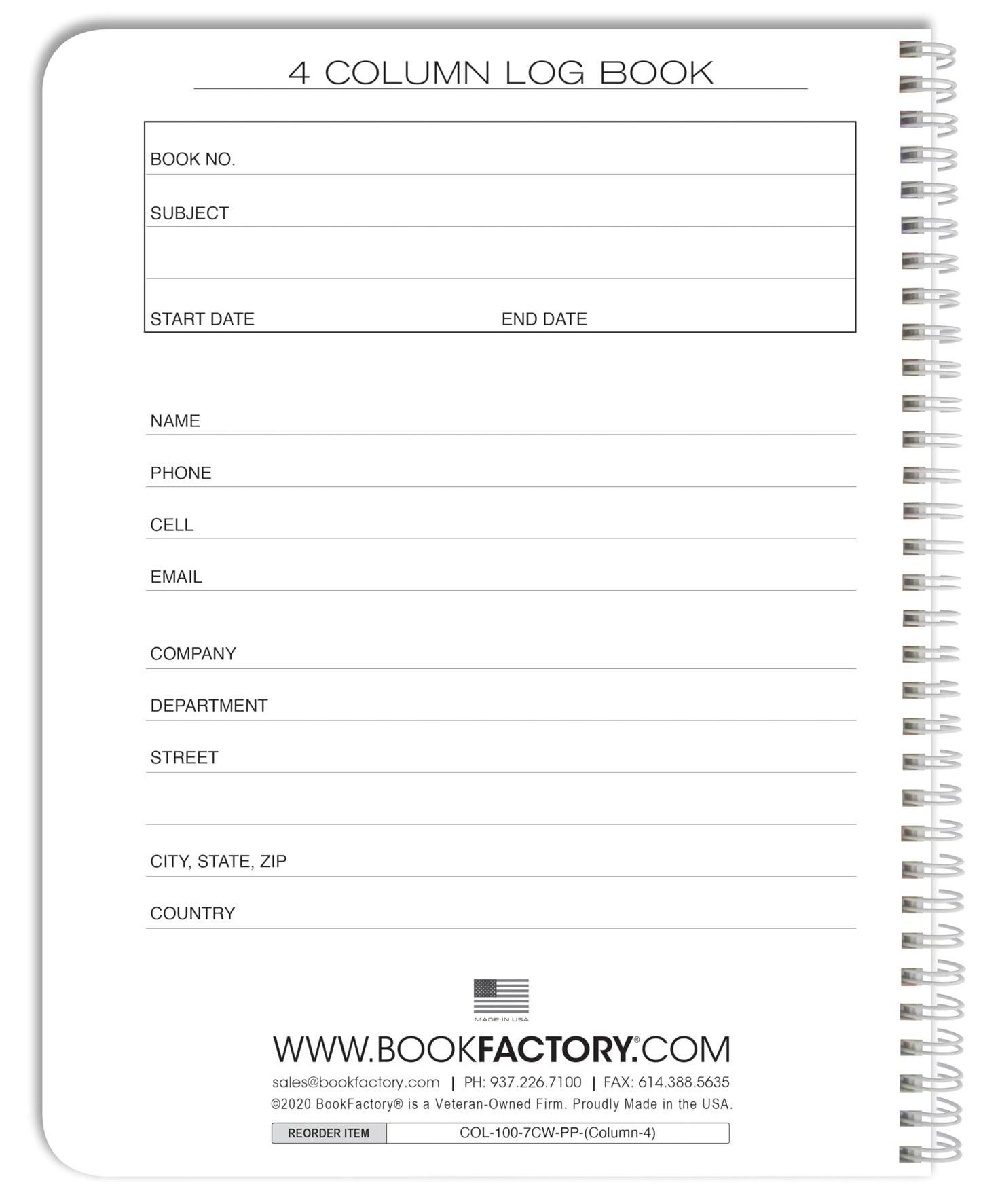 BookFactory 4 Column Log Book Columnar Logbook (Four Columns Notebook Format) - 100 Pages, 8.5'' x 11'', Wire-O (Made in USA)