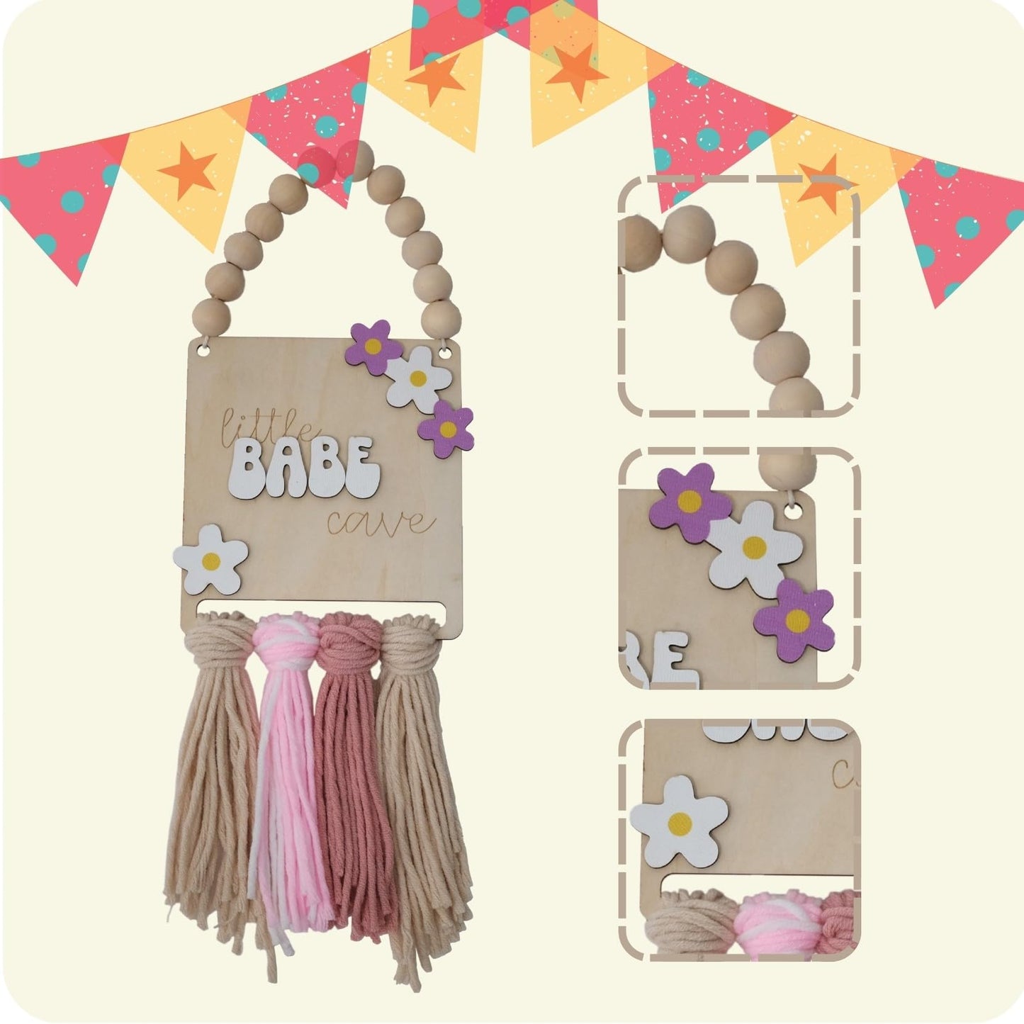 Little Babe Cave, Boho Style Wooden Bead Girls' Decor, Floral macrame Girls Sign, Daisy Sign - Nursery Decor