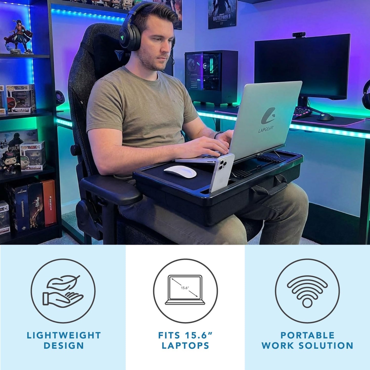 LAPGEAR Ergonomic Pro 2.0 Lap Desk with 9 Adjustable Heights, Built-in Mouse Pad & Phone Slot – Full Microbead Cushion, Storage Pocket – Fits Laptops up to 15.6" – Black – Style No. 49508