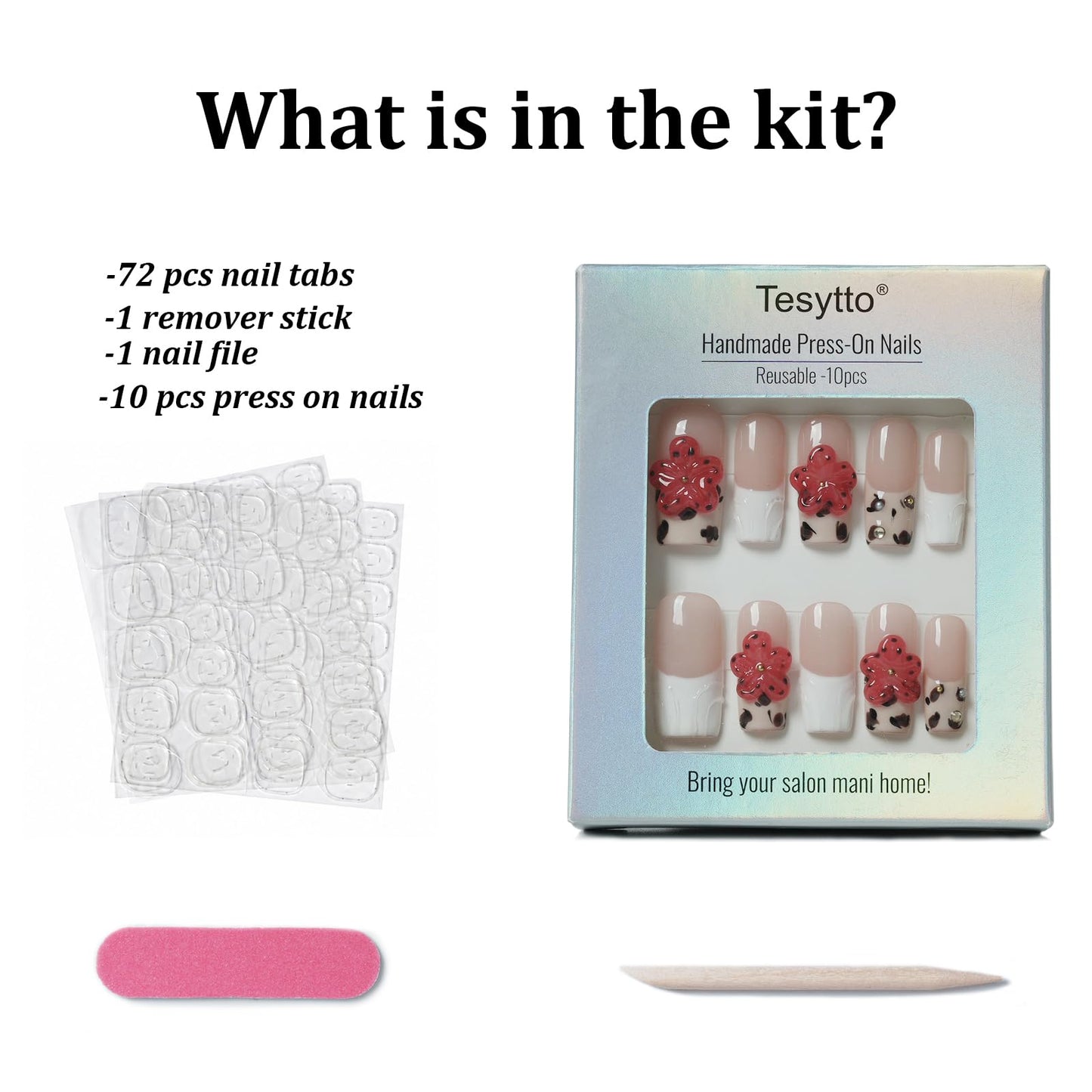 Tesytto Press On Nails Medium Square Red Flower Design, Handmade Acrylic Fake Nails with Leopard Print White French Tip, Reusable Glossy False Nails for Women Girls (Embossed French Leopard Bloom,M)