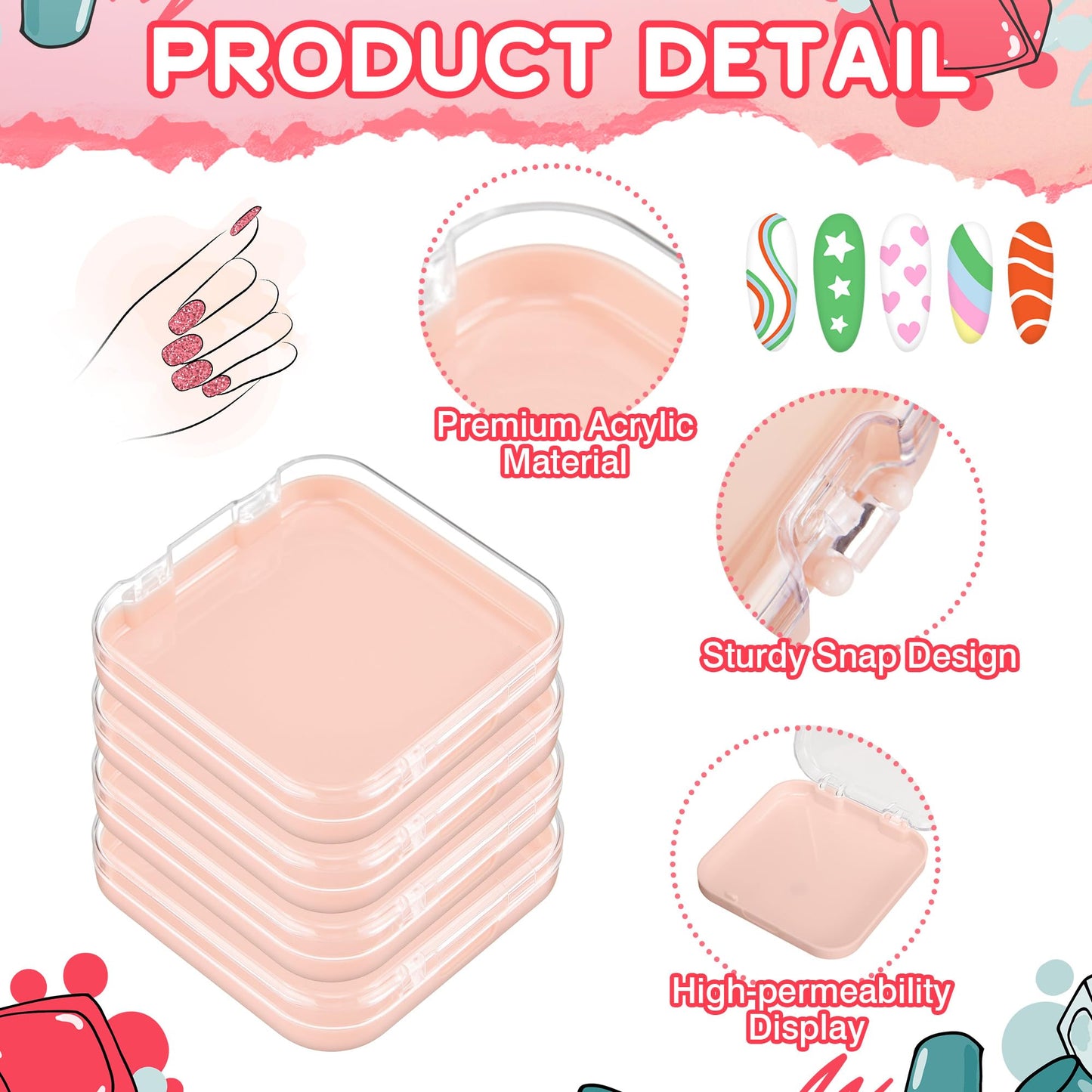 AceOrbit Press on Nail Boxes with 180 Pcs Adhesive Double Sided Tape Acrylic Press on Nail Packaging Cases Transparent Storage Case Organizer for Display Art Salon Supplies(Pink,48 Pcs)