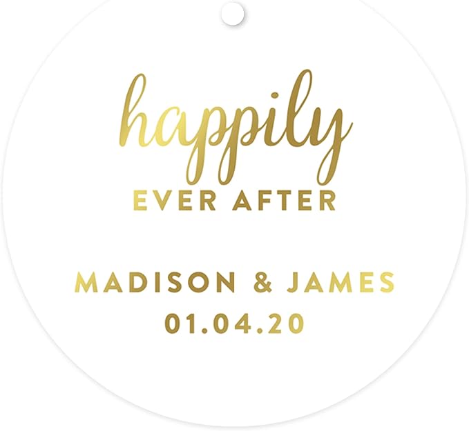 Andaz Press Personalized Round Circle Wedding Gift Tags, Metallic Gold Ink, Happily Ever After, 24-Pack, Custom Made Any Name