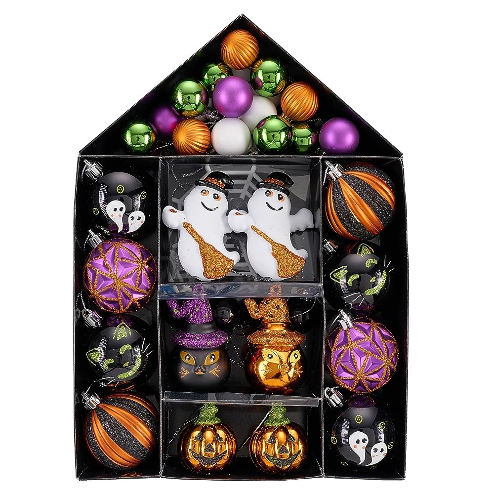 Valery Madelyn Halloween Ornaments Tree Decorations, 40ct Medium Shatterproof Ghost Cat Jack-o'-Lantern Pumpkin Hanging Ball Ornaments Set for Small Tree, Cute Holiday Party Indoor Home Decor