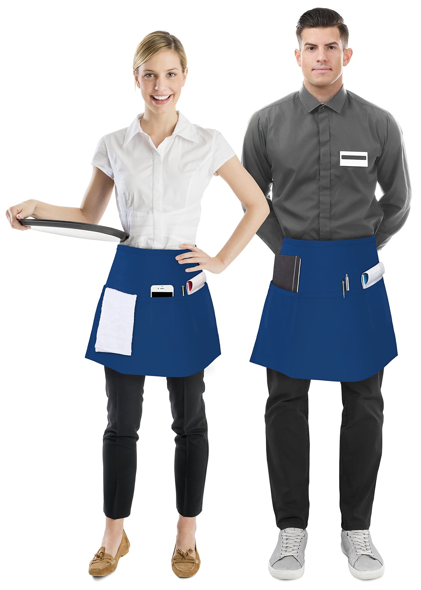Utopia Wear 12 Pack Server Aprons with 3 Pockets, Waiter and Waitress Waist Aprons for Women with Pockets, Men Short Aprons (Blue)